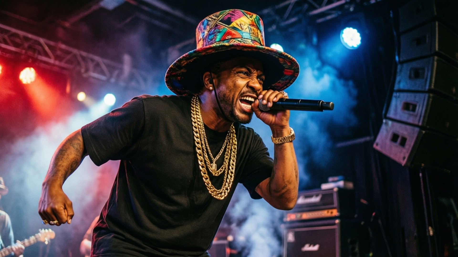 Busta Rhymes, colorful hat, gold chains, Full HD Desktop Wallpaper