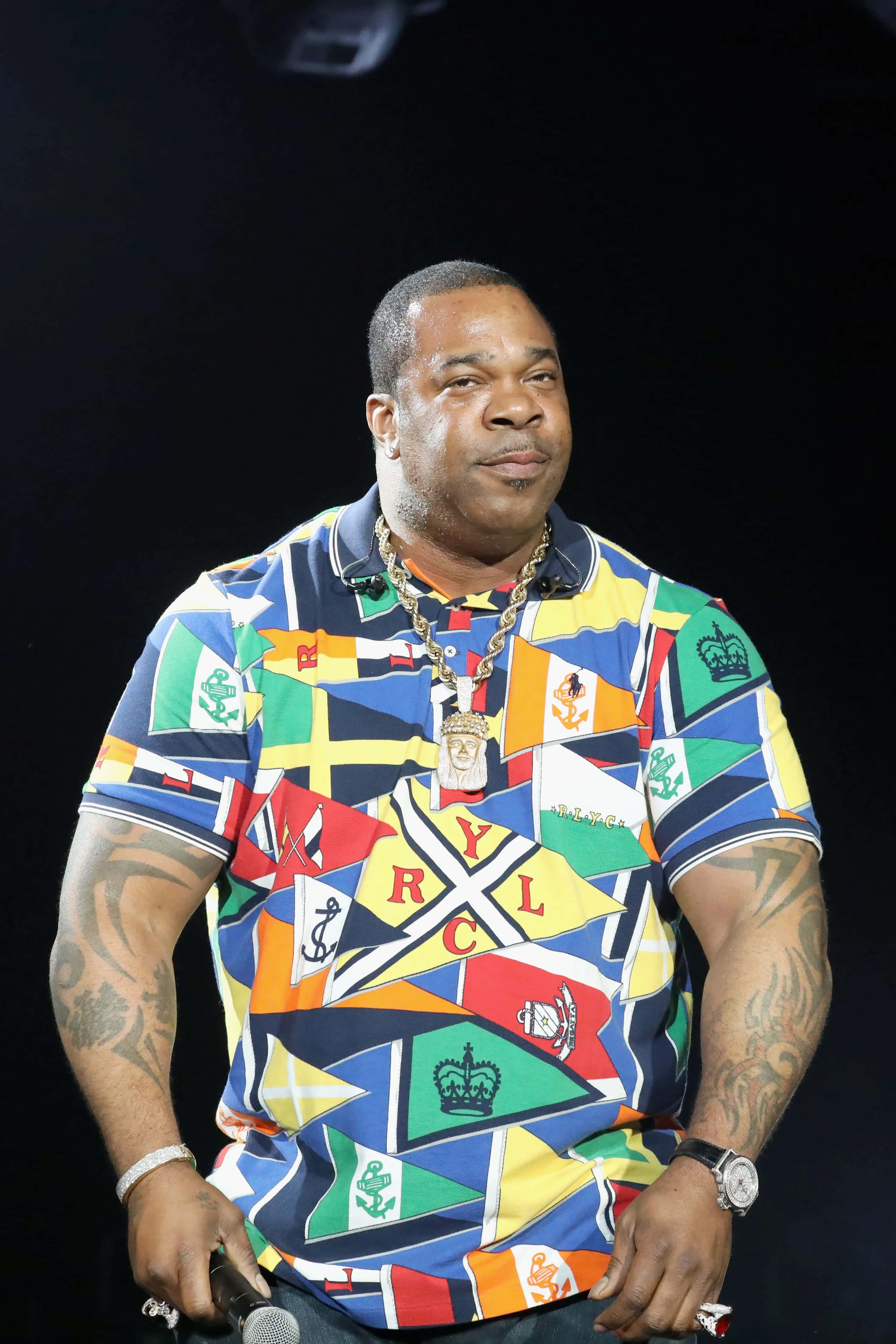 Busta Rhymes, vibrant flag-patterned shirt, stage, 4K Phone Wallpaper