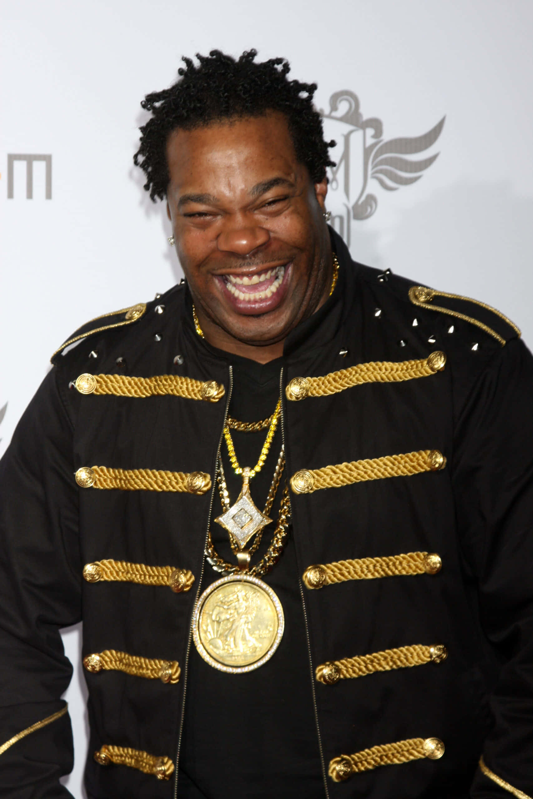 Busta Rhymes, black military-style jacket, gold trim, 2K Phone Wallpaper