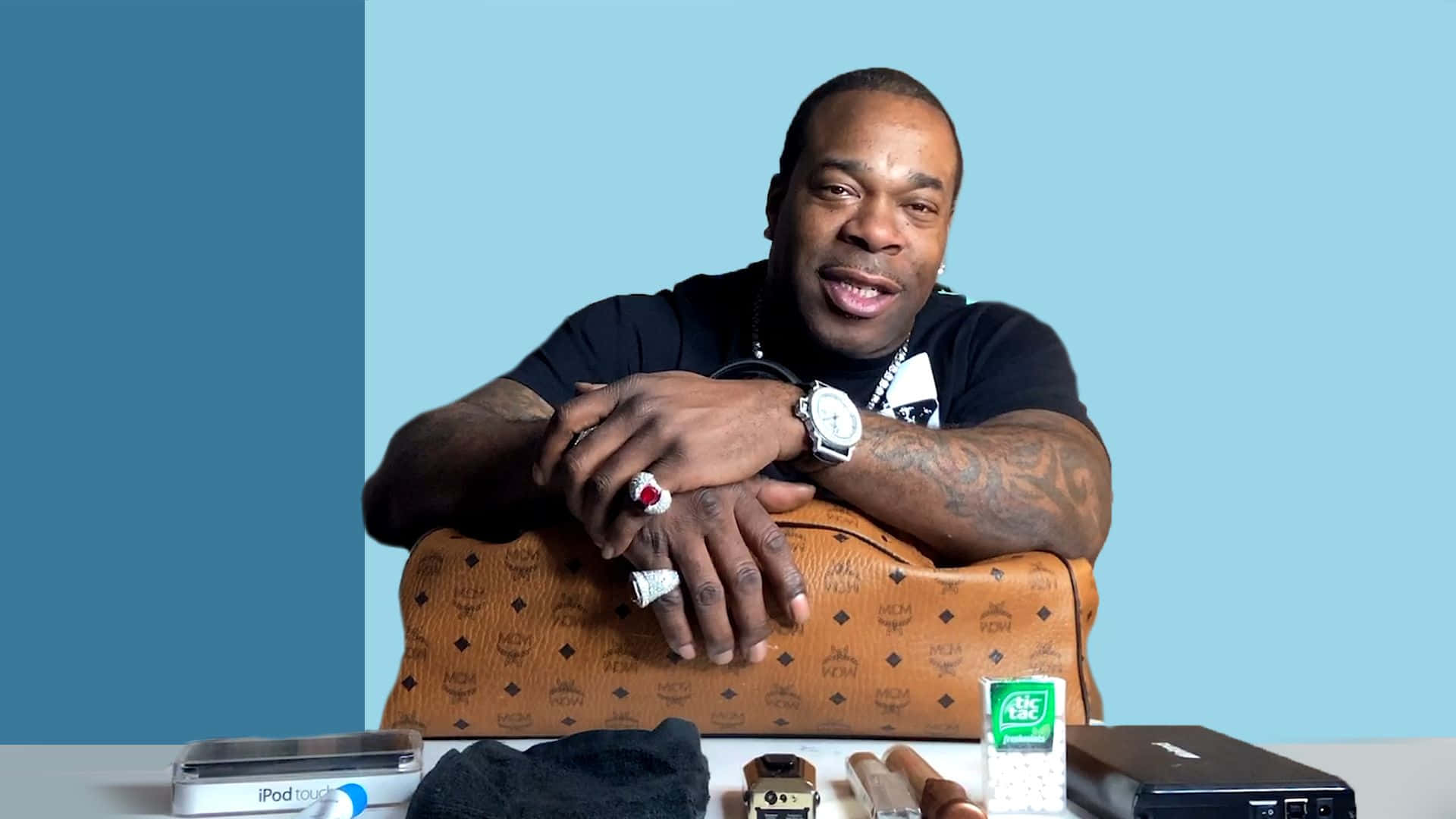 Busta Rhymes, vintage tech gadgets, brown patterned bag, Full HD Desktop Wallpaper