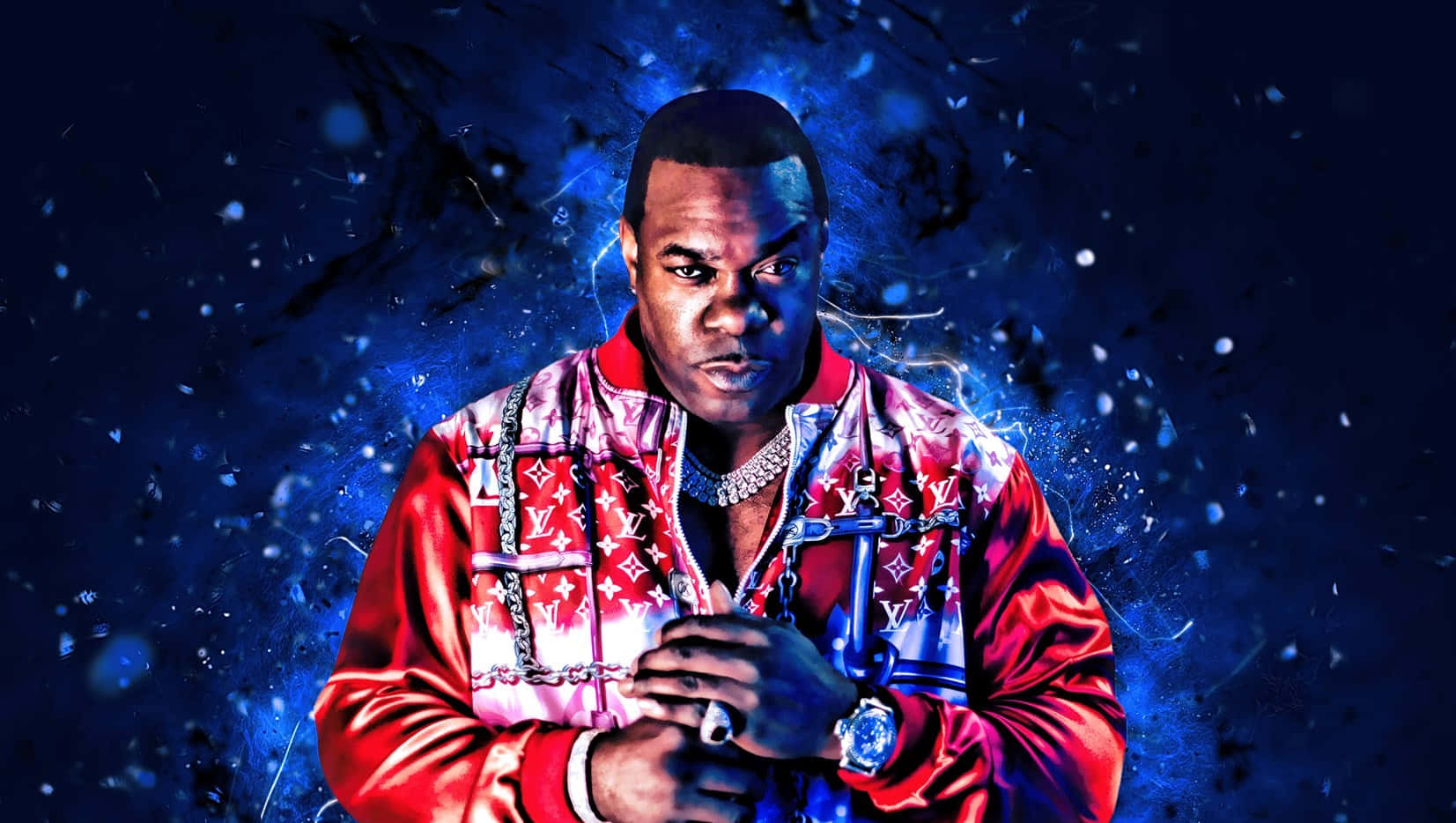 Busta Rhymes, red Louis Vuitton jacket, cosmic blue background, HD Desktop Wallpaper