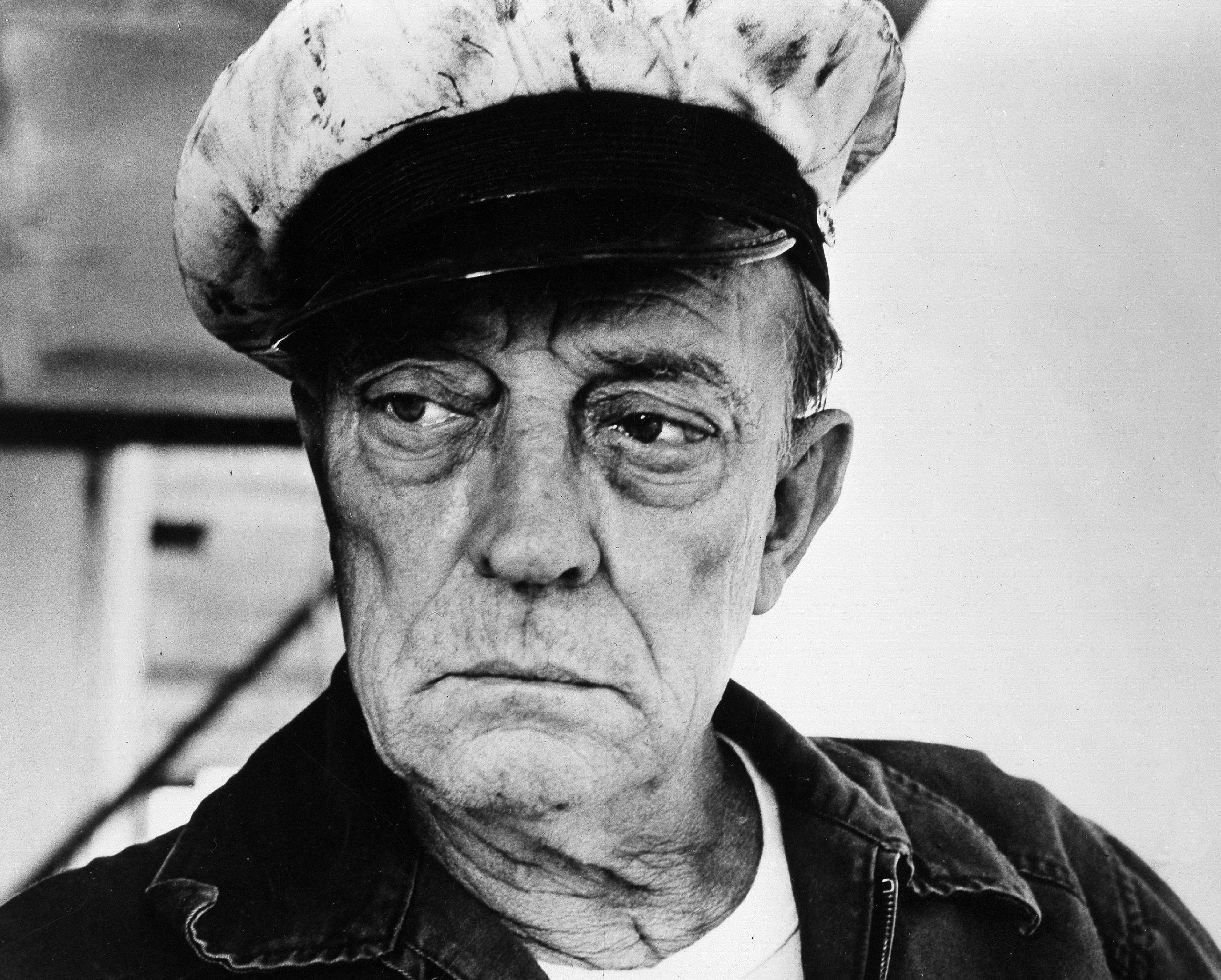 Buster Keaton, black and white portrait, elderly man, 2K Desktop Wallpaper