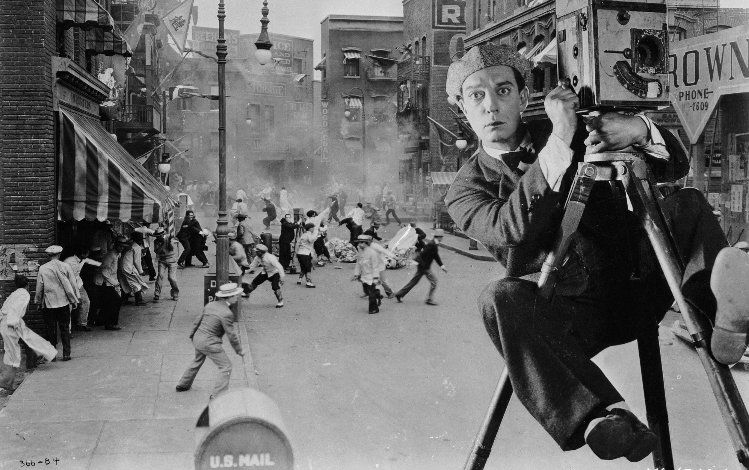 Buster Keaton, vintage black and white photo, large film camera, Full HD Desktop Wallpaper
