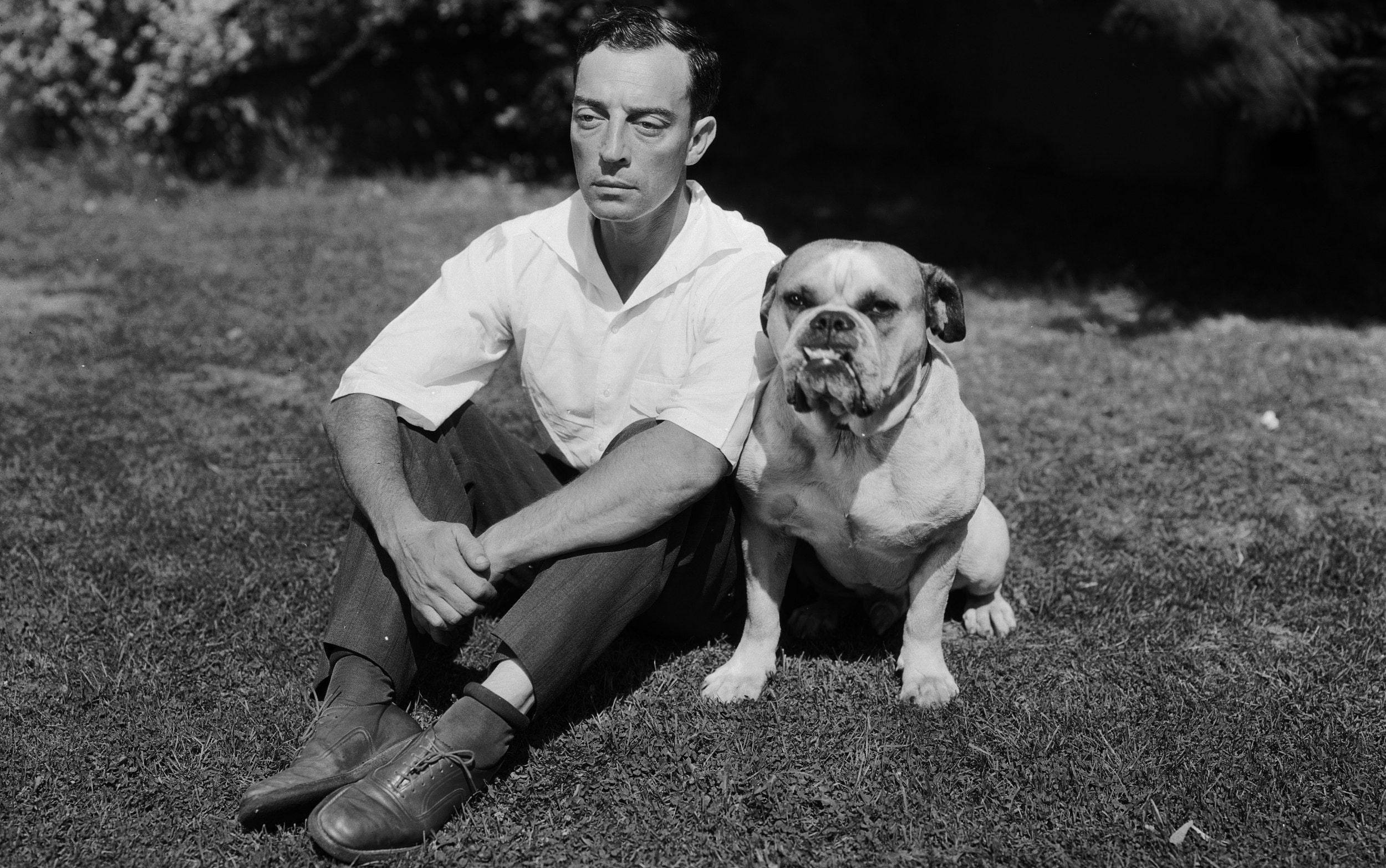 Buster Keaton, bulldog, vintage black and white photo, Full HD Desktop Wallpaper