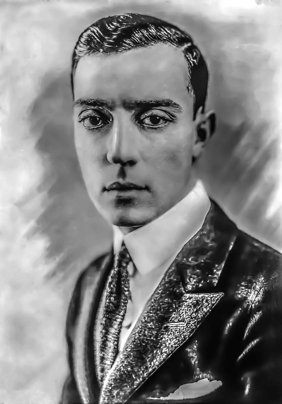 Buster Keaton, charcoal drawing, black and white portrait, HD Phone Wallpaper