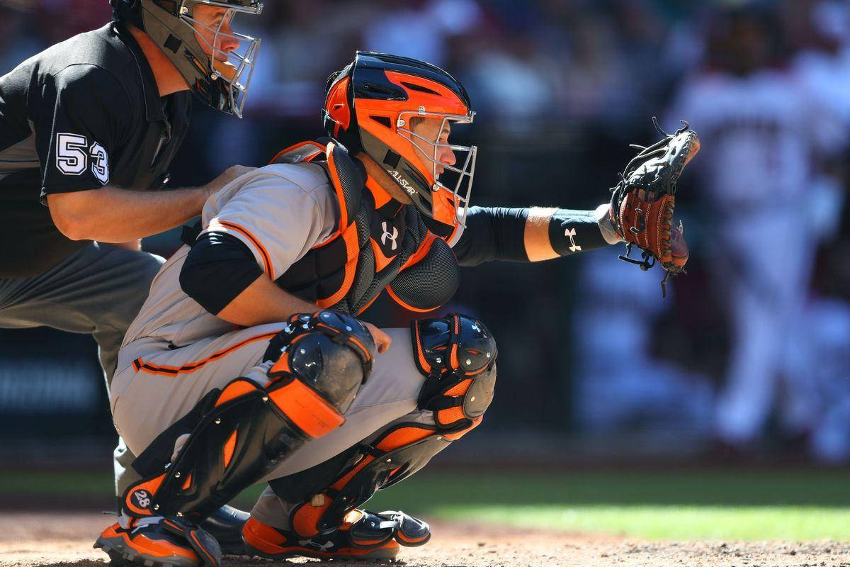 Buster Posey, orange and black gear, umpire, SD Desktop Wallpaper