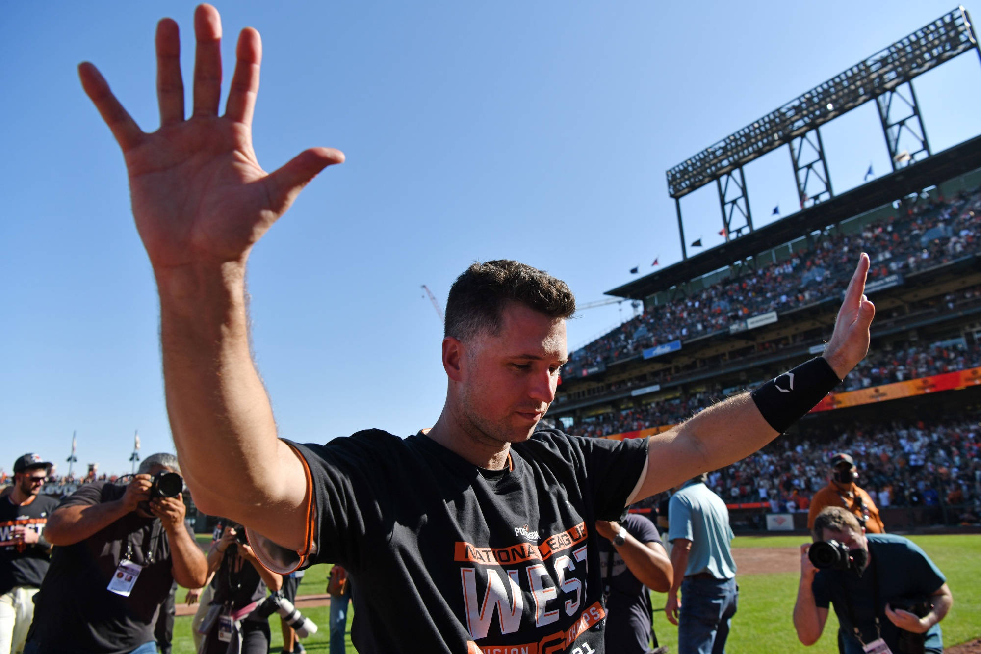 Buster Posey, hands up, sunlit stadium, Full HD Desktop Wallpaper