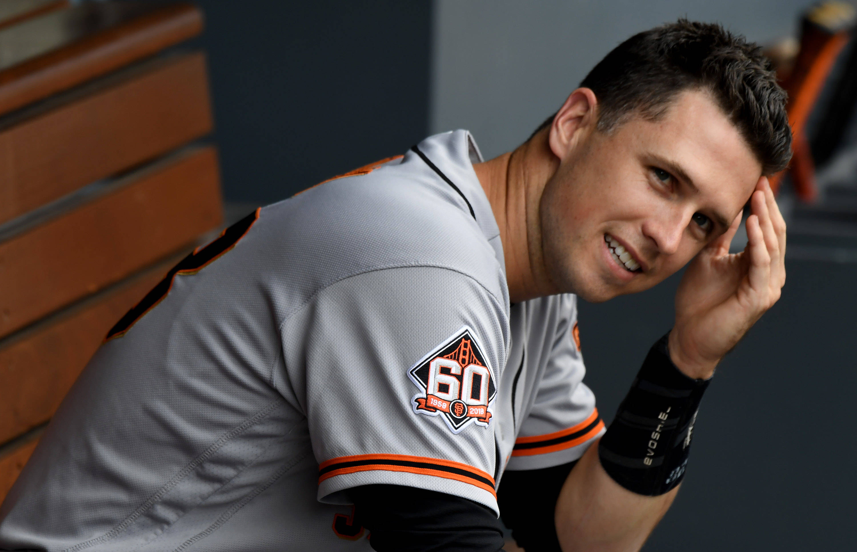 Buster Posey, gray and orange uniform, dugout, 2K Desktop Wallpaper