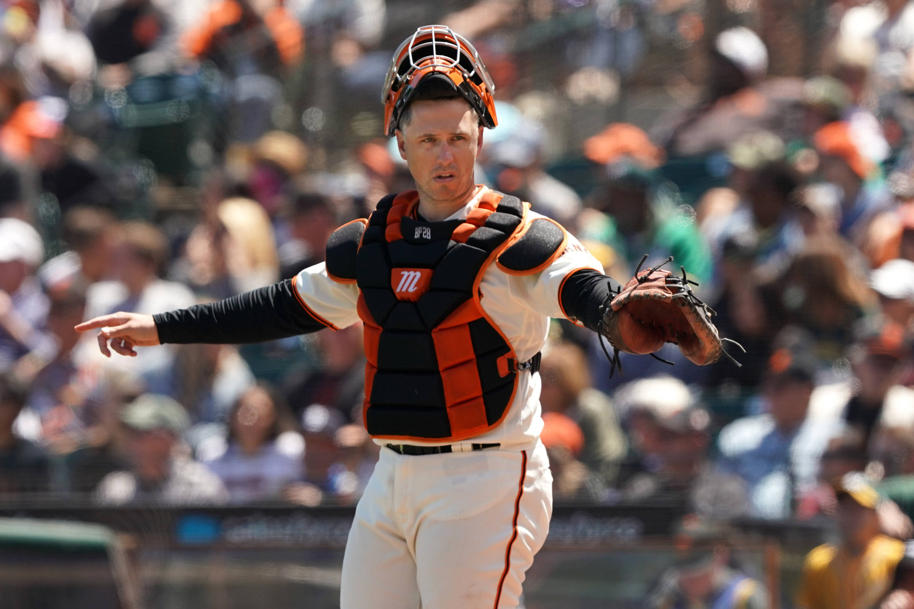 Buster Posey, catcher's gear, orange and black gear, 2K Desktop Wallpaper