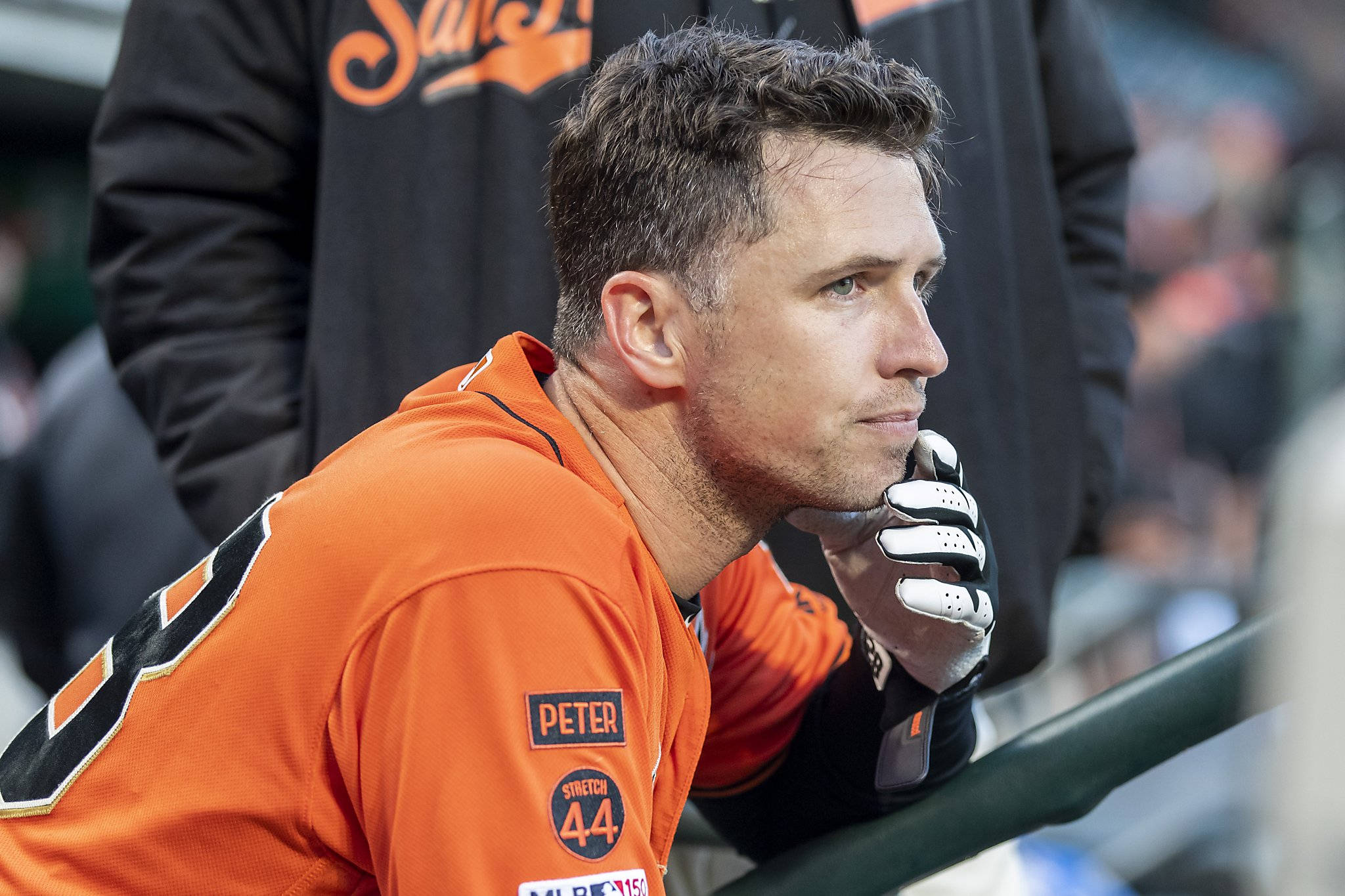 Buster Posey, orange uniform, gloved hand, Full HD Desktop Wallpaper
