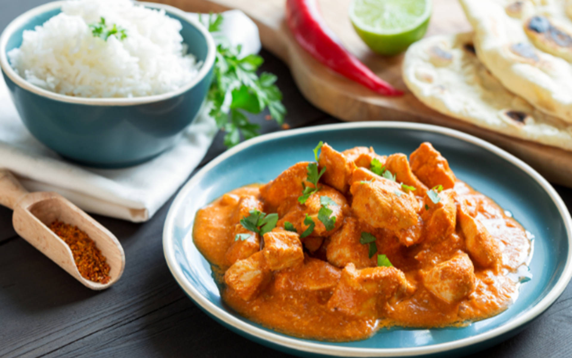 Butter Chicken, blue plate, creamy chicken curry, Full HD Desktop Wallpaper