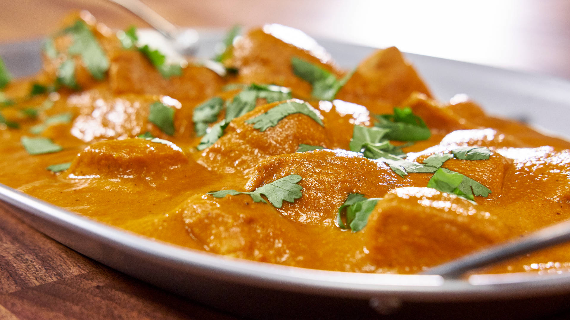 orange colored butter chicken dish, butter chicken, silver dish, Full HD Desktop Wallpaper