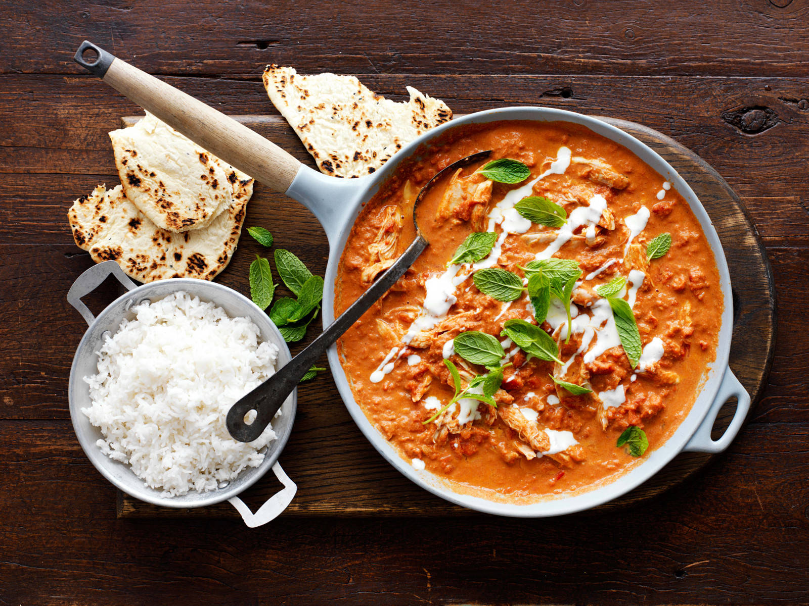 orange colored butter chicken dish, skillet, mint, HD Desktop Wallpaper