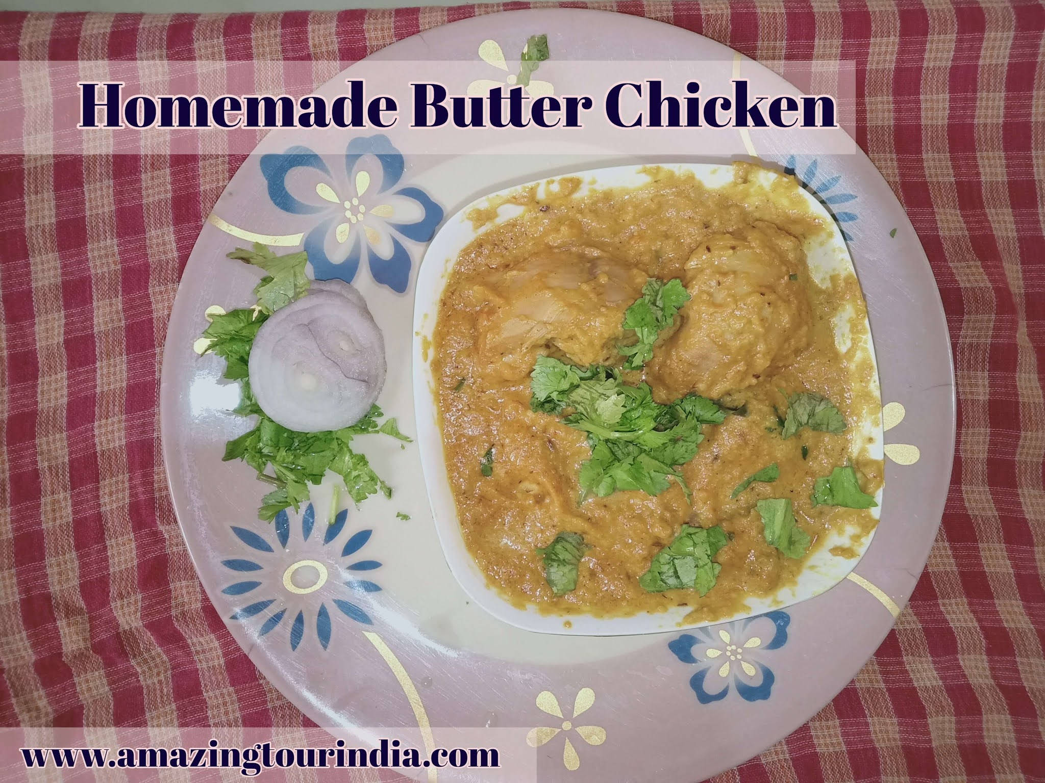 butter chicken, floral patterned plate, red checkered tablecloth, Full HD Desktop Wallpaper