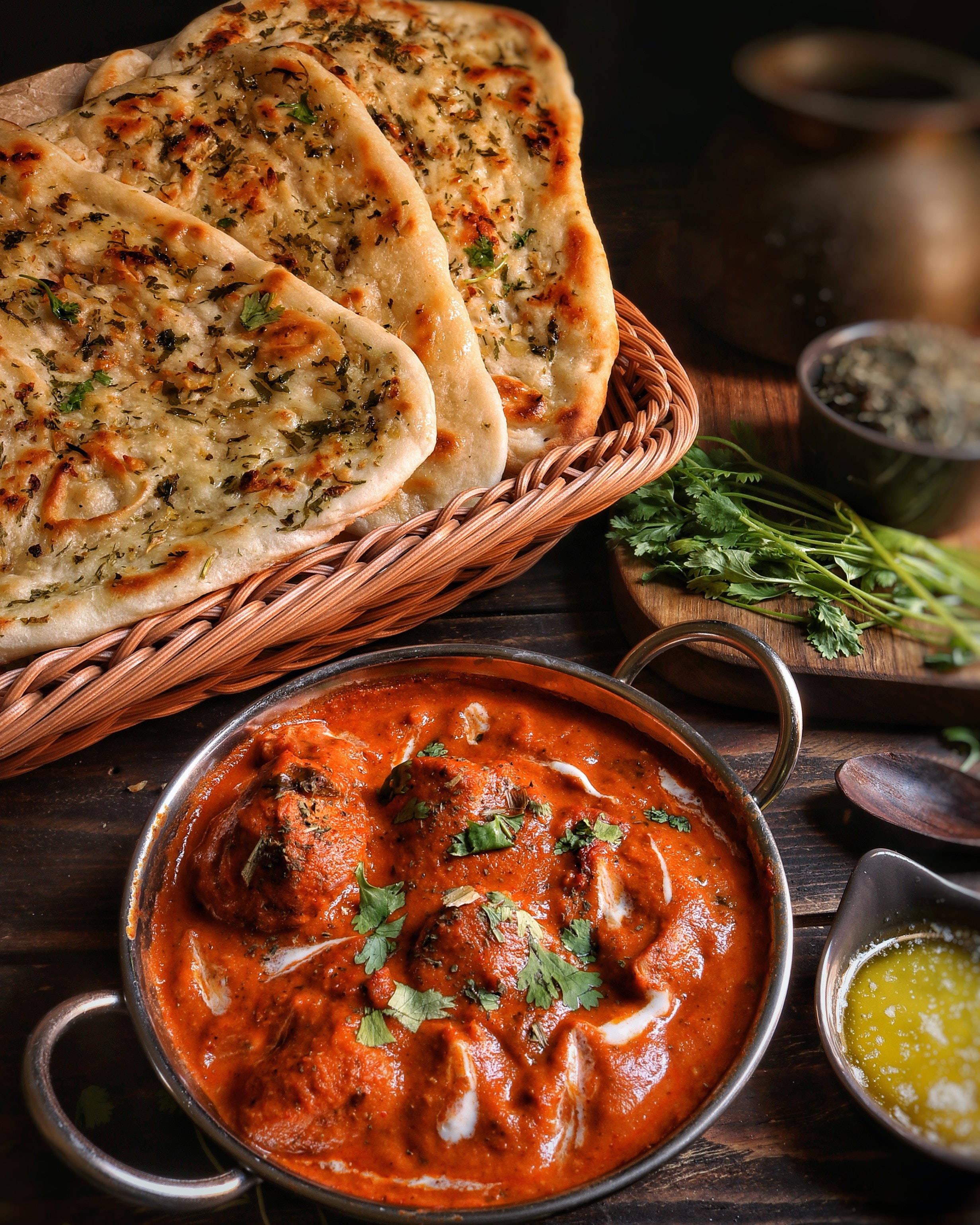 Butter Chicken, metal bowl, herb-topped naan bread, 2K Phone Wallpaper