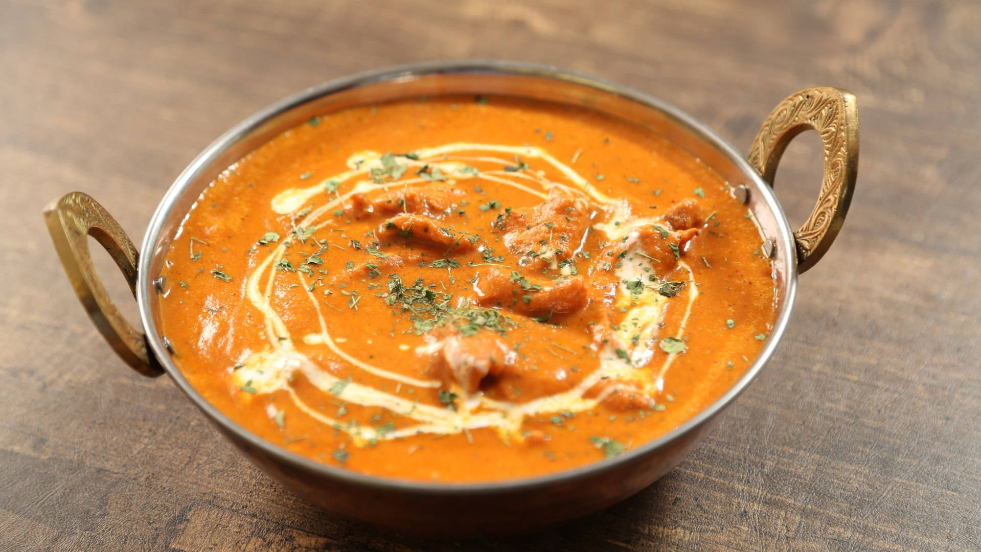 Butter Chicken, copper bowl, wooden table, HD Desktop Wallpaper