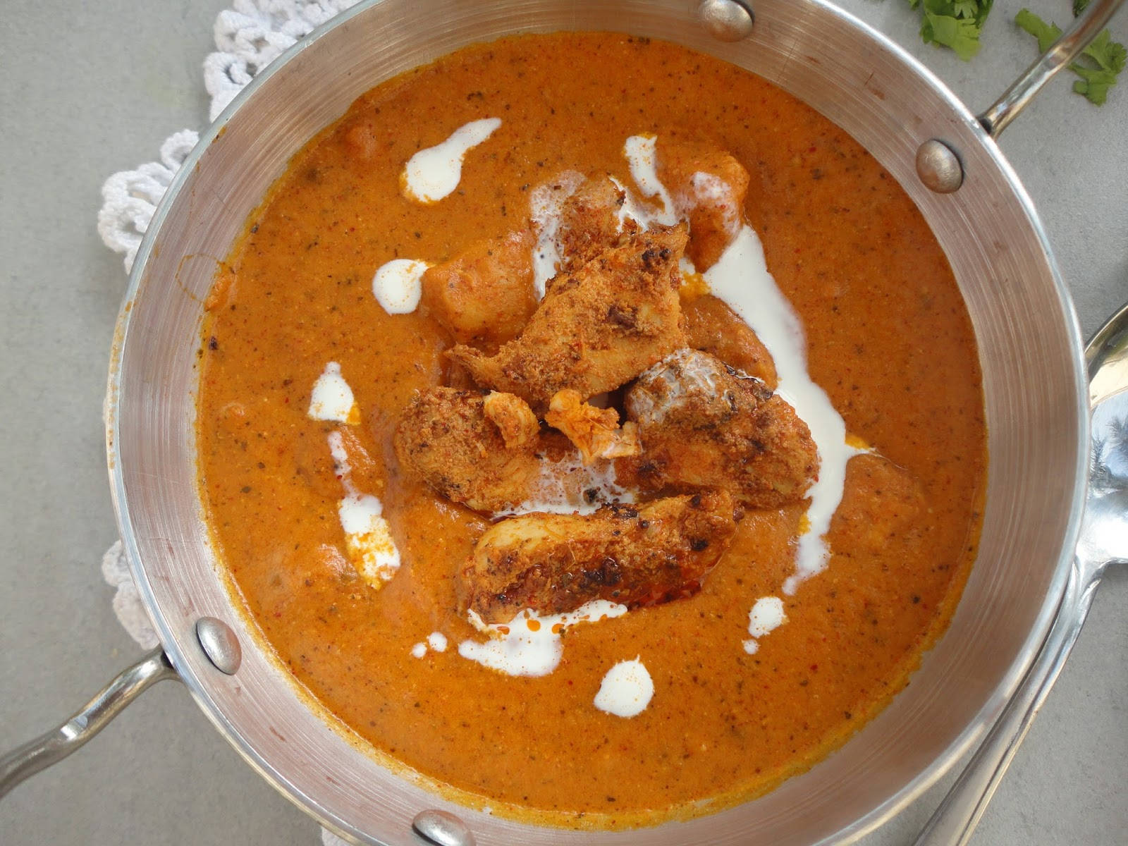 Butter Chicken Stew, stainless steel pan, lace doily, HD Desktop Wallpaper