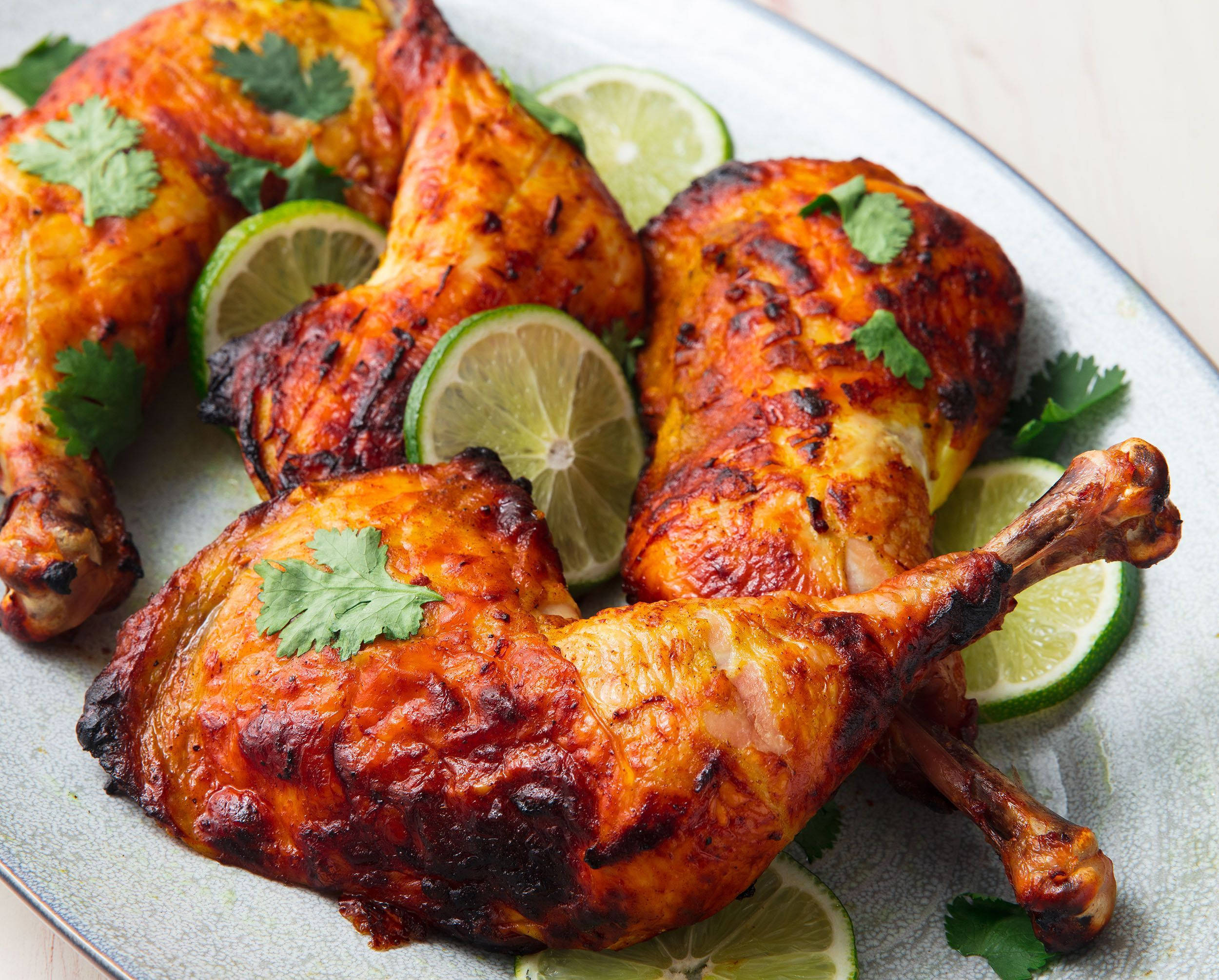 Tandoori Chicken Thighs, vibrant orange sauce, lime slices, Full HD Desktop Wallpaper