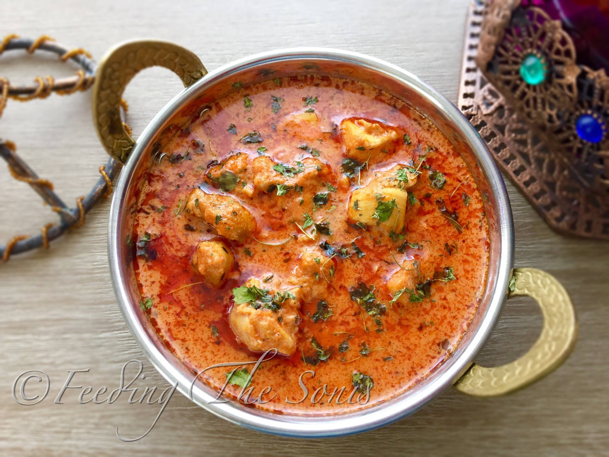 butter chicken, brass-handled bowl, fresh cilantro, Full HD Desktop Wallpaper