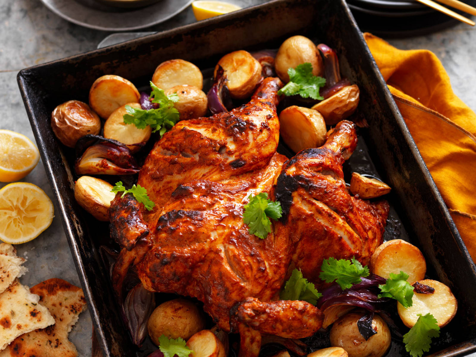 Tandoori Chicken Platter, golden-brown skin, crispy potatoes, HD Desktop Wallpaper