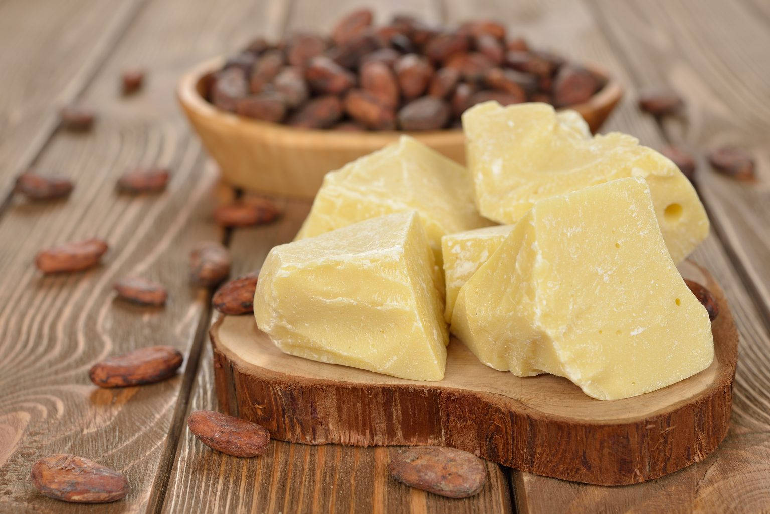 Cocoa butter, cocoa beans, wooden slice, HD Desktop Wallpaper