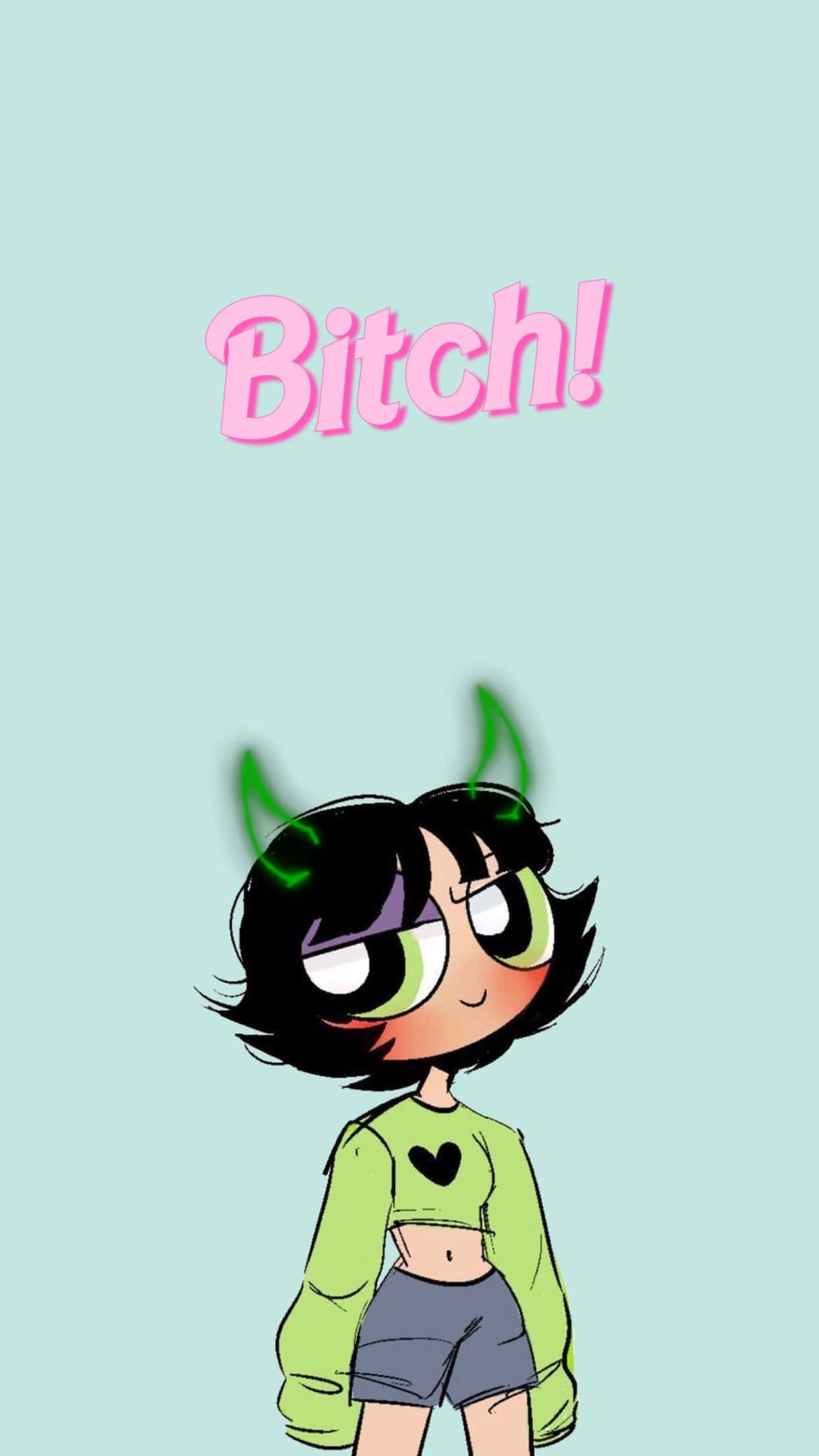Buttercup Aesthetic, green eyes, devil horns, Full HD Phone Wallpaper