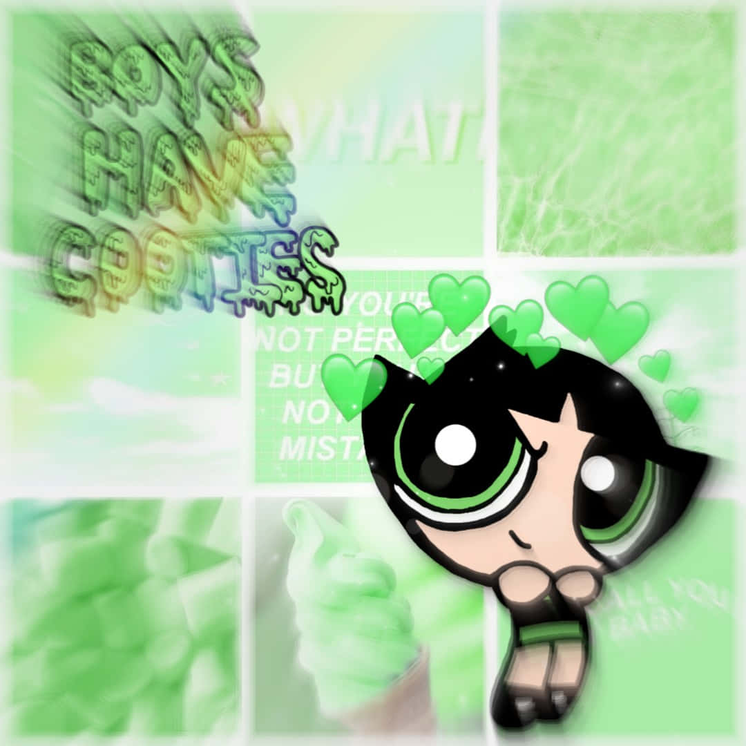 green hair, hearts on her face, green eyes, SD Desktop Wallpaper