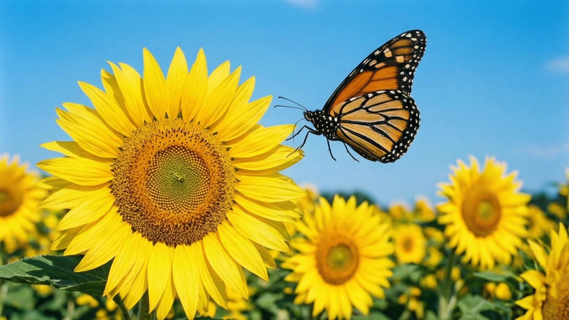 monarch butterfly, orange black and white wings, large yellow sunflower, Full HD Desktop Wallpaper