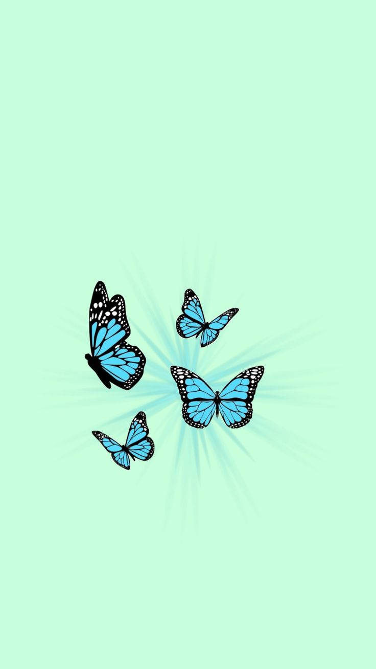 mint green background, blue butterflies, black outlines, HD Phone Wallpaper