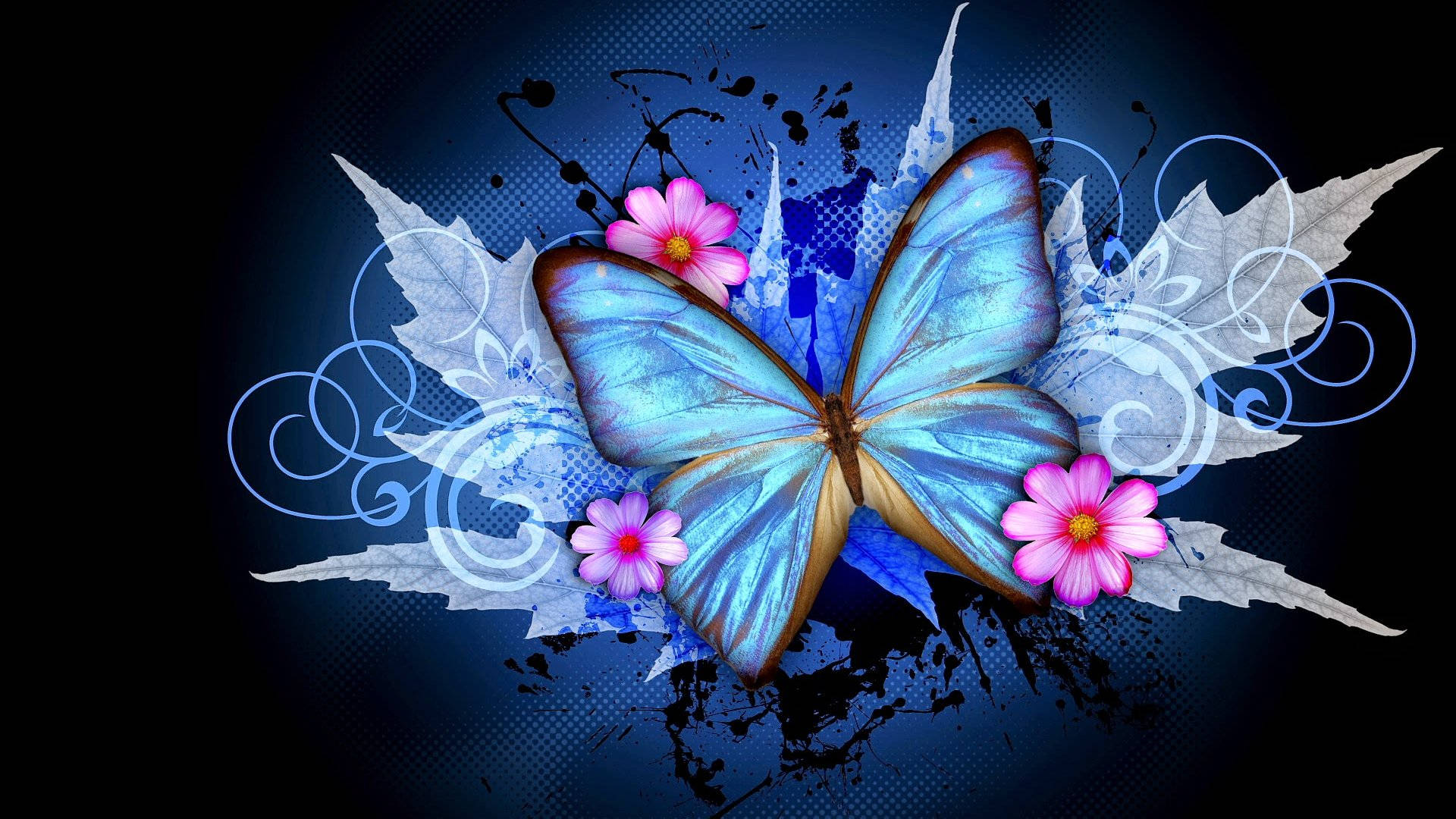 blue morpho butterfly, pink flowers, silver leaves, Full HD Desktop Wallpaper