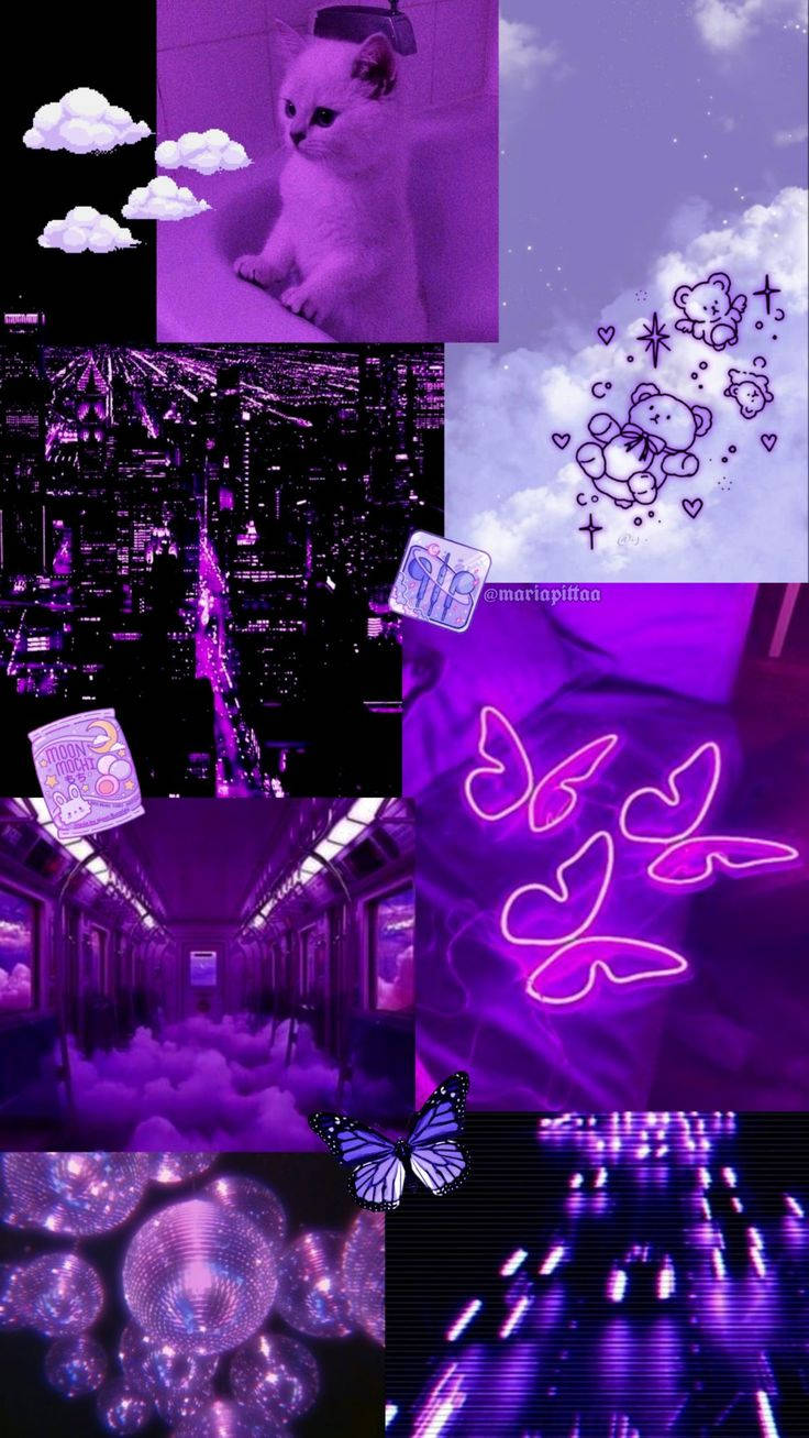 girly purple and black aesthetic collage, vibrant purple, cat, HD Phone Wallpaper