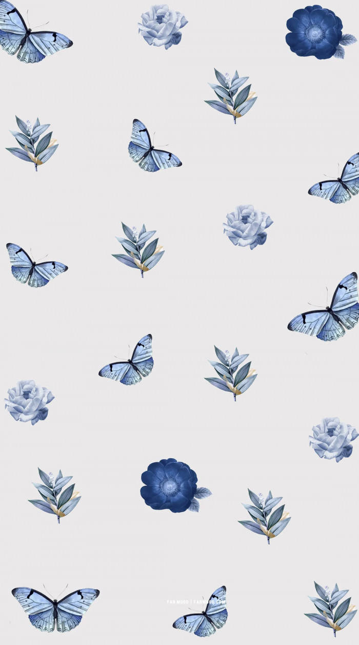 blue butterflies, floral elements, soft off-white background, SD Phone Wallpaper
