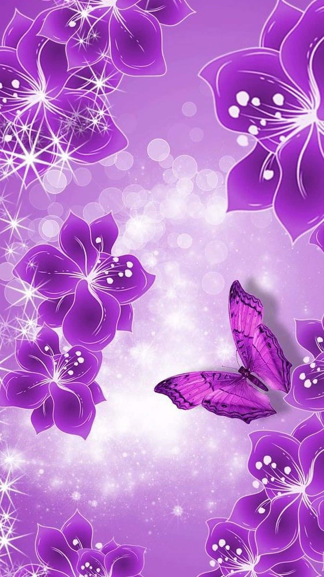 purple butterfly, glowing floral blooms, sparkling lavender backdrop, Full HD Phone Wallpaper