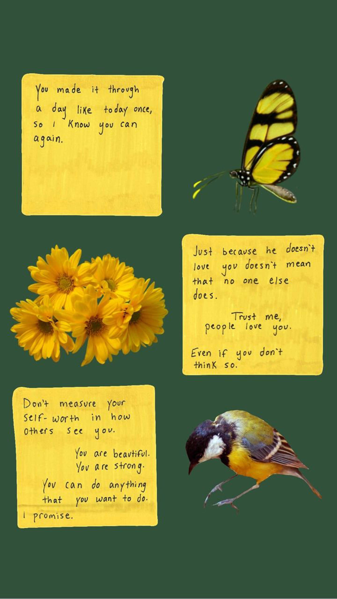 Butterfly Aesthetic, yellow sticky notes, dark green background, Full HD Phone Wallpaper