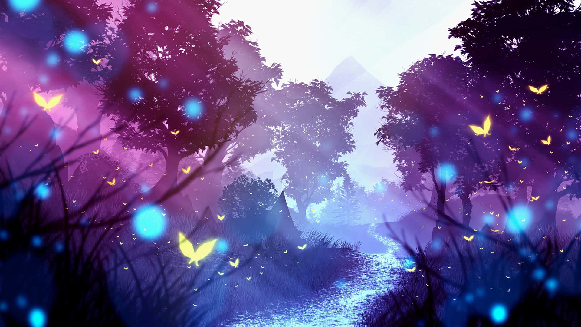 butterfly art, mystical forest path, blue lights, Full HD Desktop Wallpaper