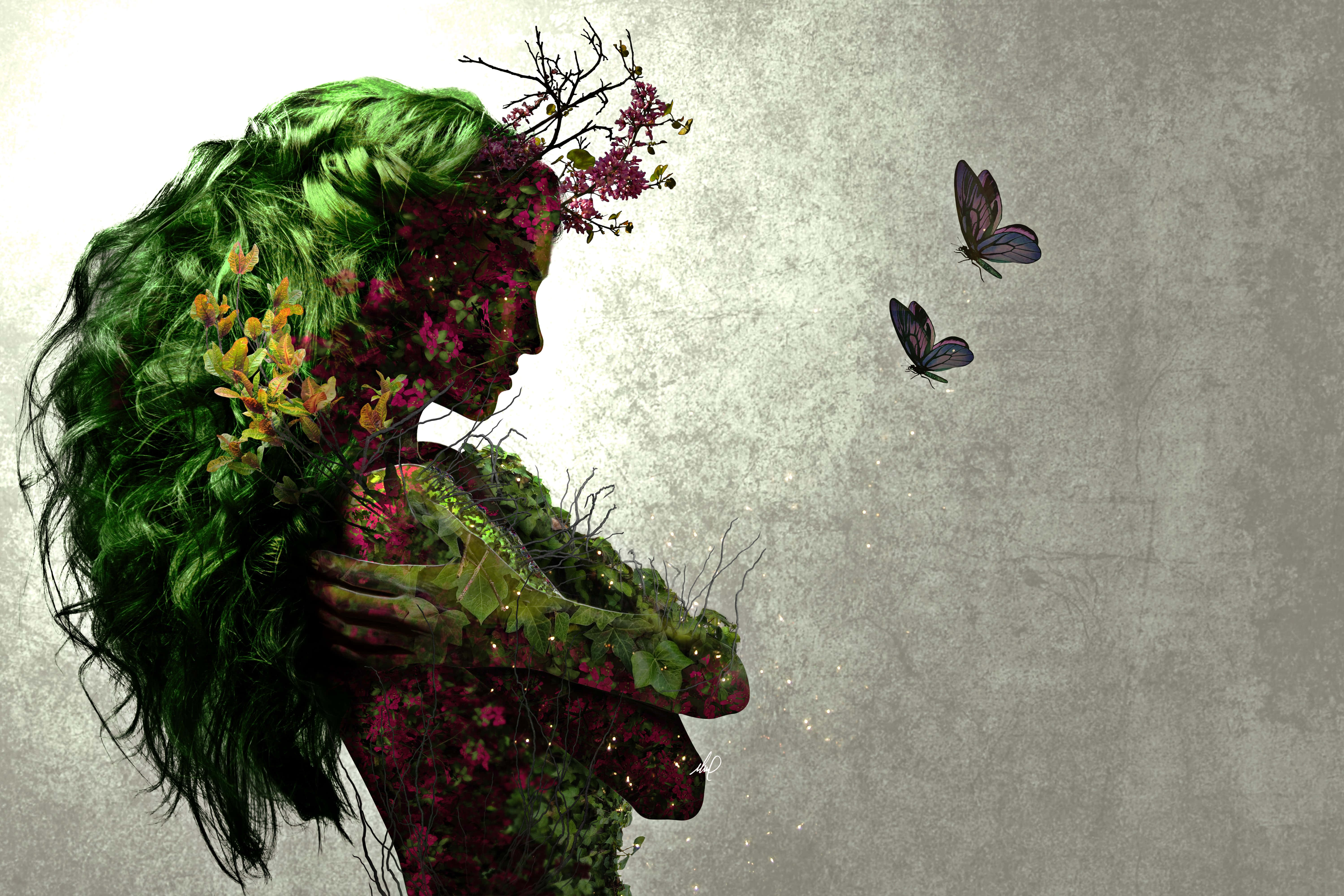 butterfly art, vibrant greenery, blossoms, 5K Desktop Wallpaper