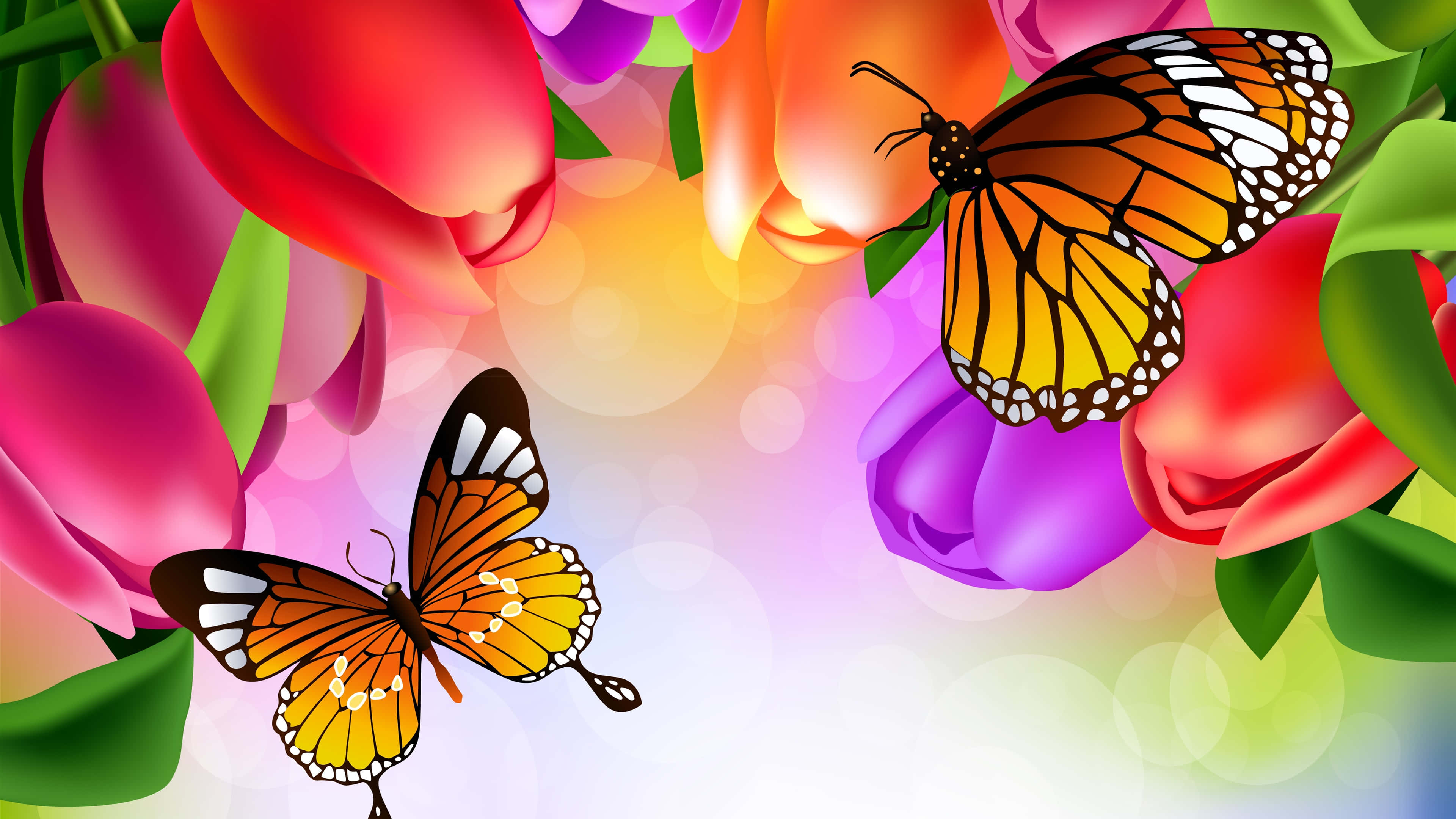 butterfly art, monarch butterflies, pink purple and red tulips, 4K Desktop Wallpaper