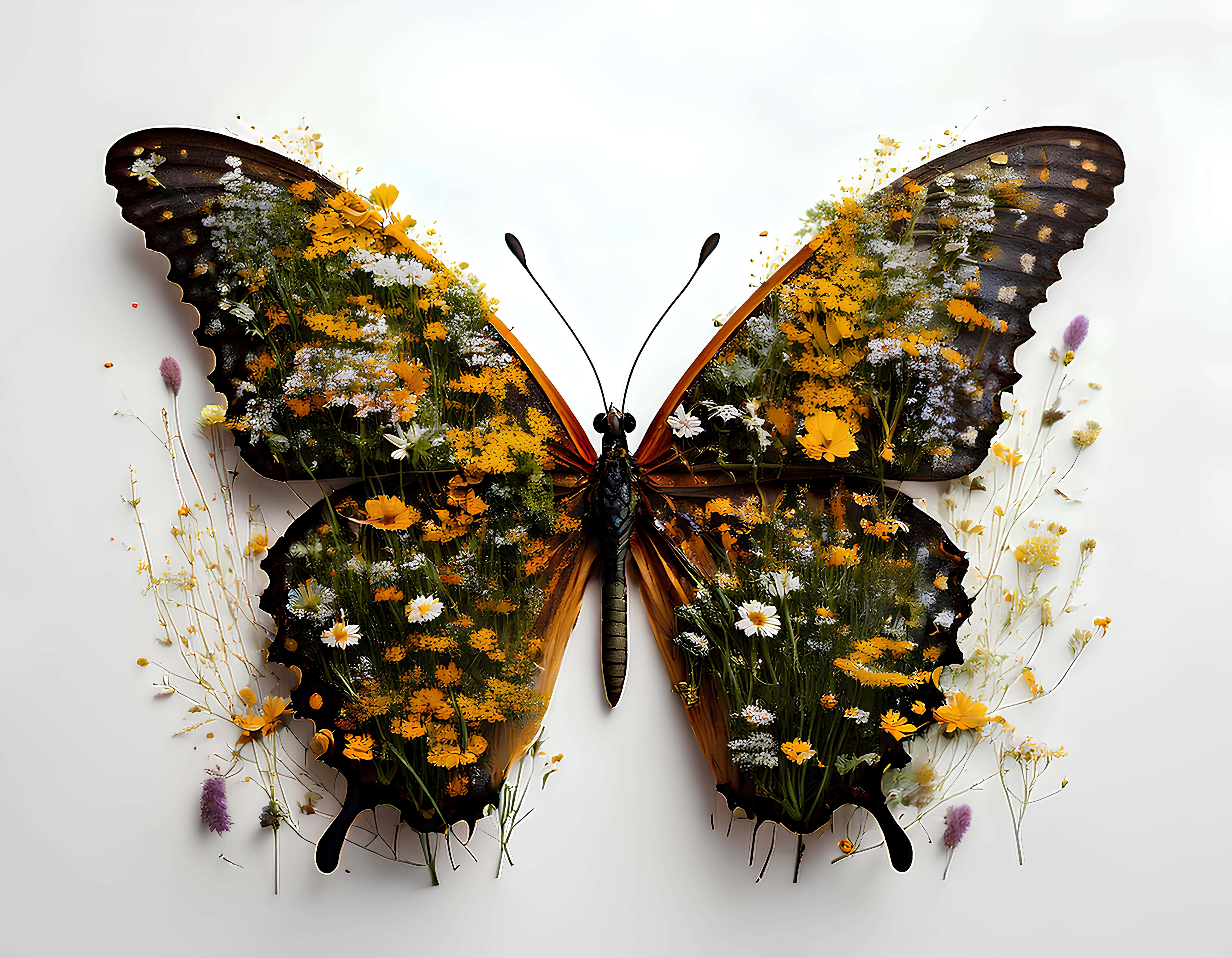 butterfly, vibrant yellow, white wildflowers, 5K Desktop Wallpaper