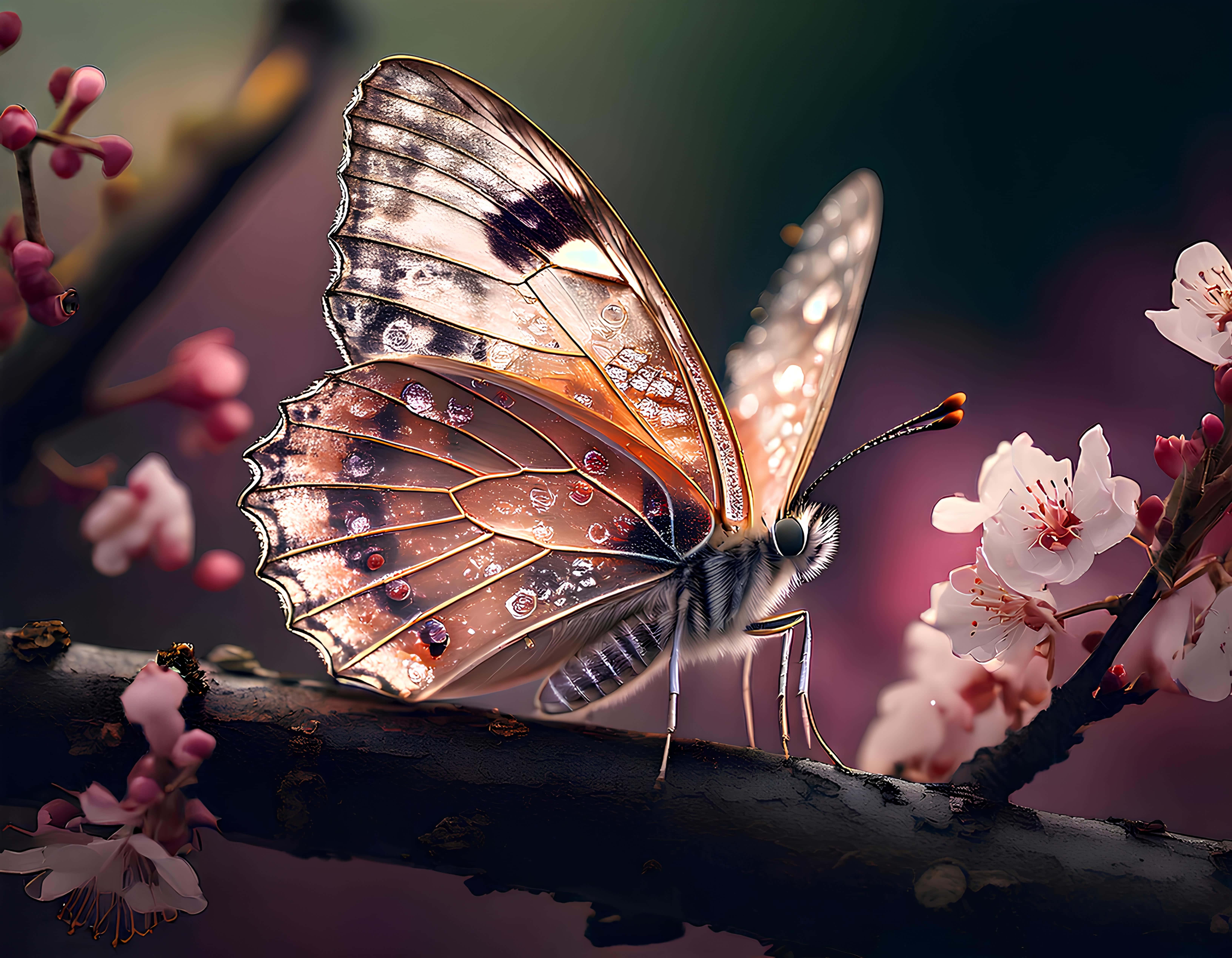 butterfly, iridescent wings, dark branch, 5K Desktop Wallpaper