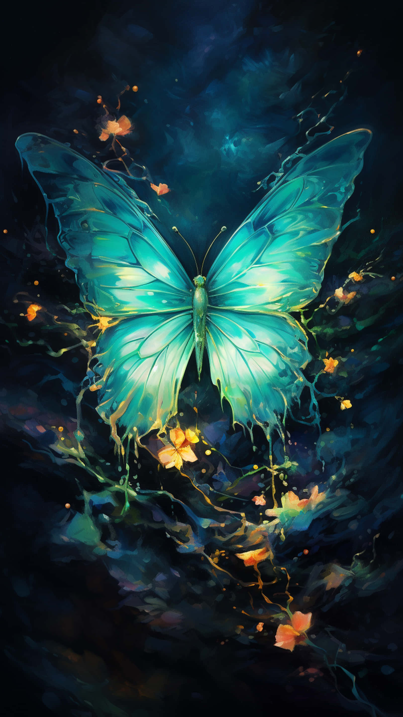 turquoise butterfly, glowing wings, dark cosmic swirl, 2K Phone Wallpaper