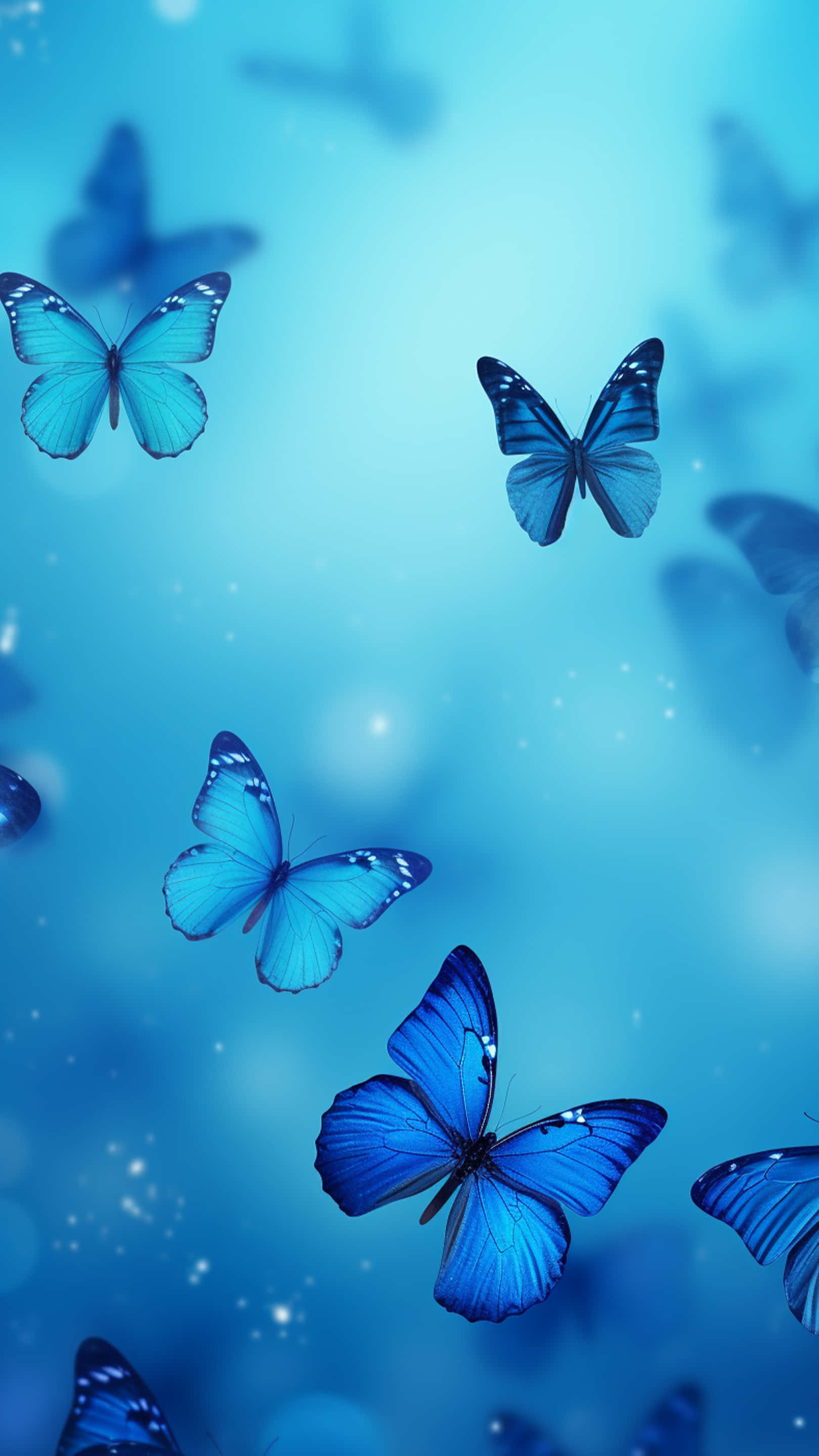 vibrant blue butterflies, soft gradient sky, sparkling light particles, 2K Phone Wallpaper