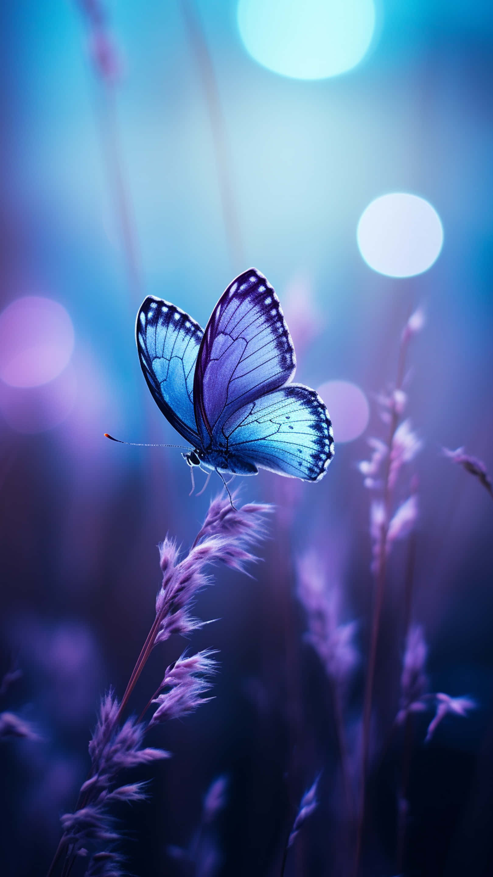 blue butterfly, intricate wing patterns, purple grasses, 2K Phone Wallpaper