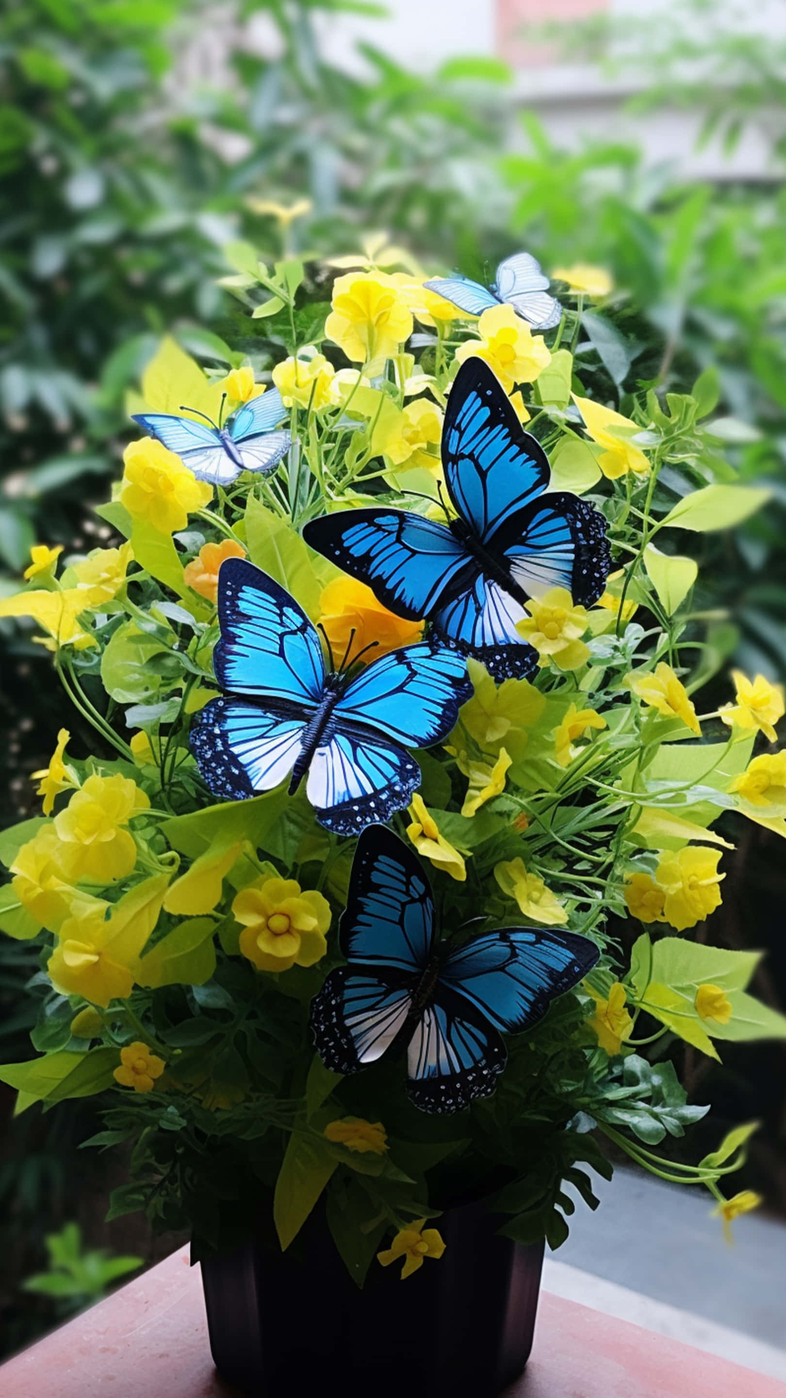 butterfly, flowers nosegay, vibrant blue butterflies, 2K Phone Wallpaper