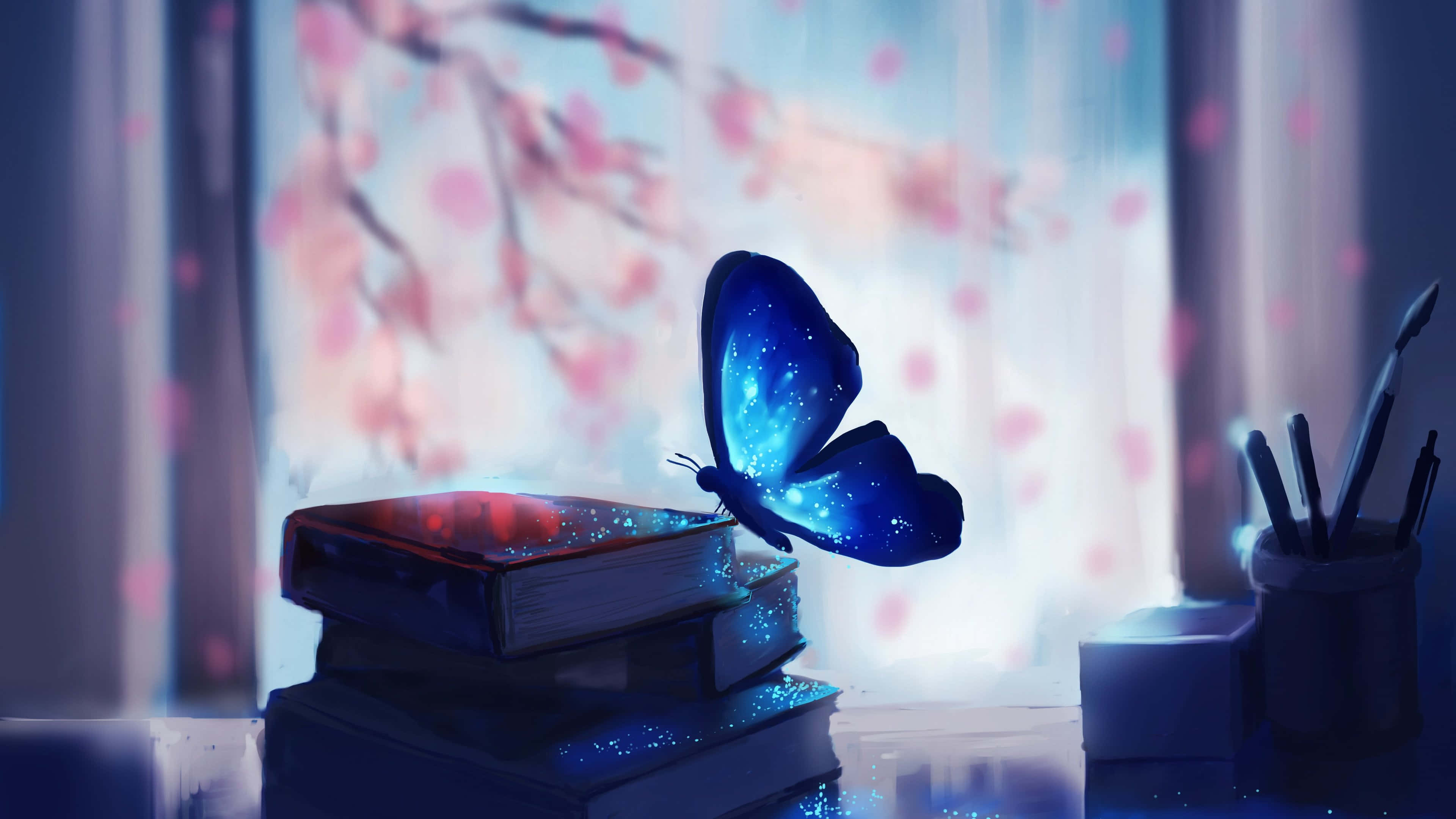 butterfly art, glowing blue butterfly, stack of books, 4K Desktop Wallpaper