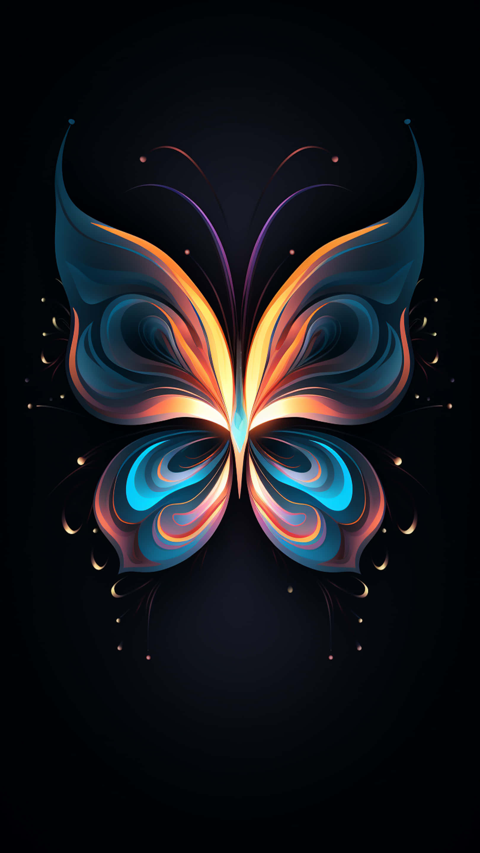 butterfly, swirling blue and orange wings, deep black background, 2K Phone Wallpaper