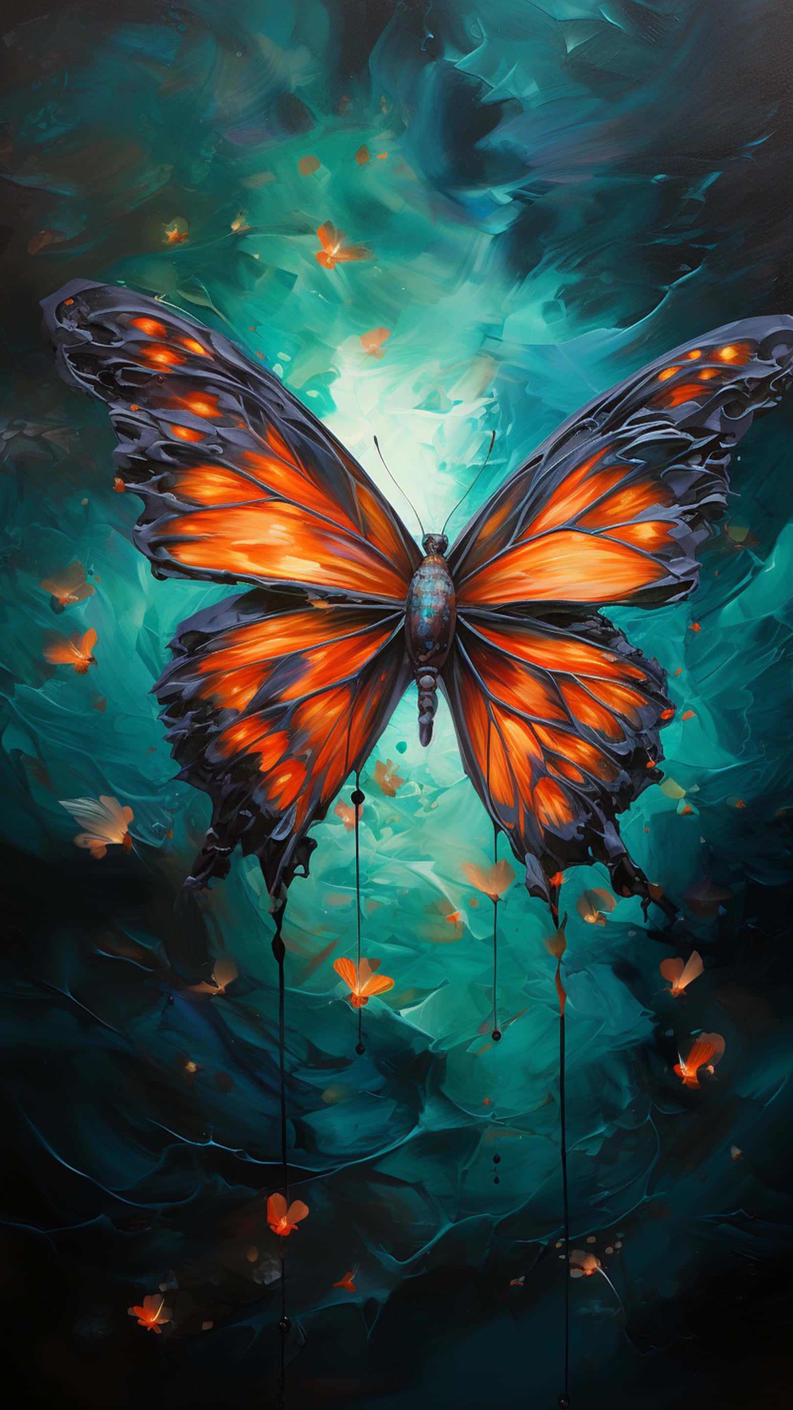 orange and black butterfly, glowing wings, swirling teal and dark blue cosmic background, 2K Phone Wallpaper