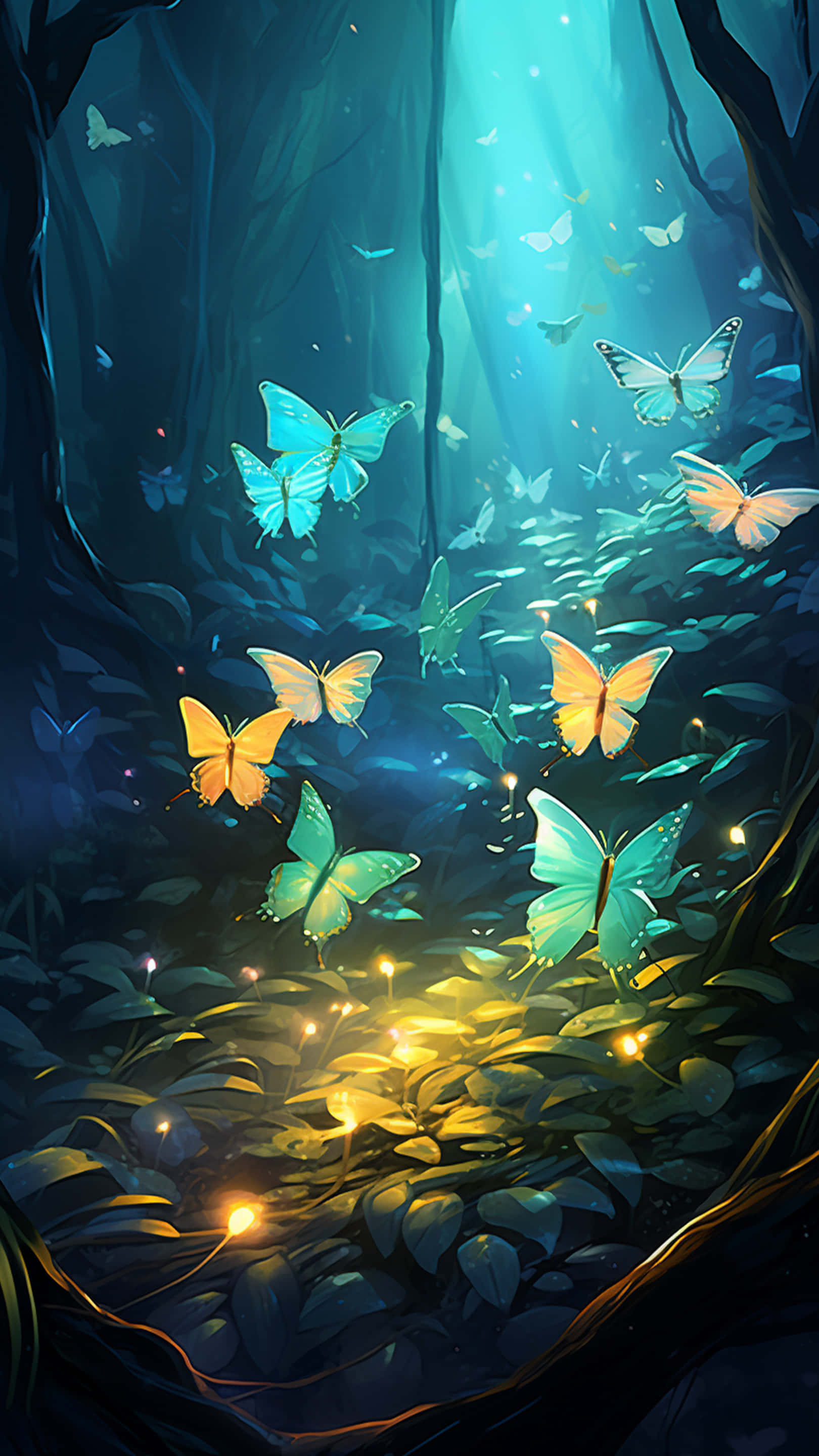 glowing teal, gold, bioluminescent plants, 2K Phone Wallpaper
