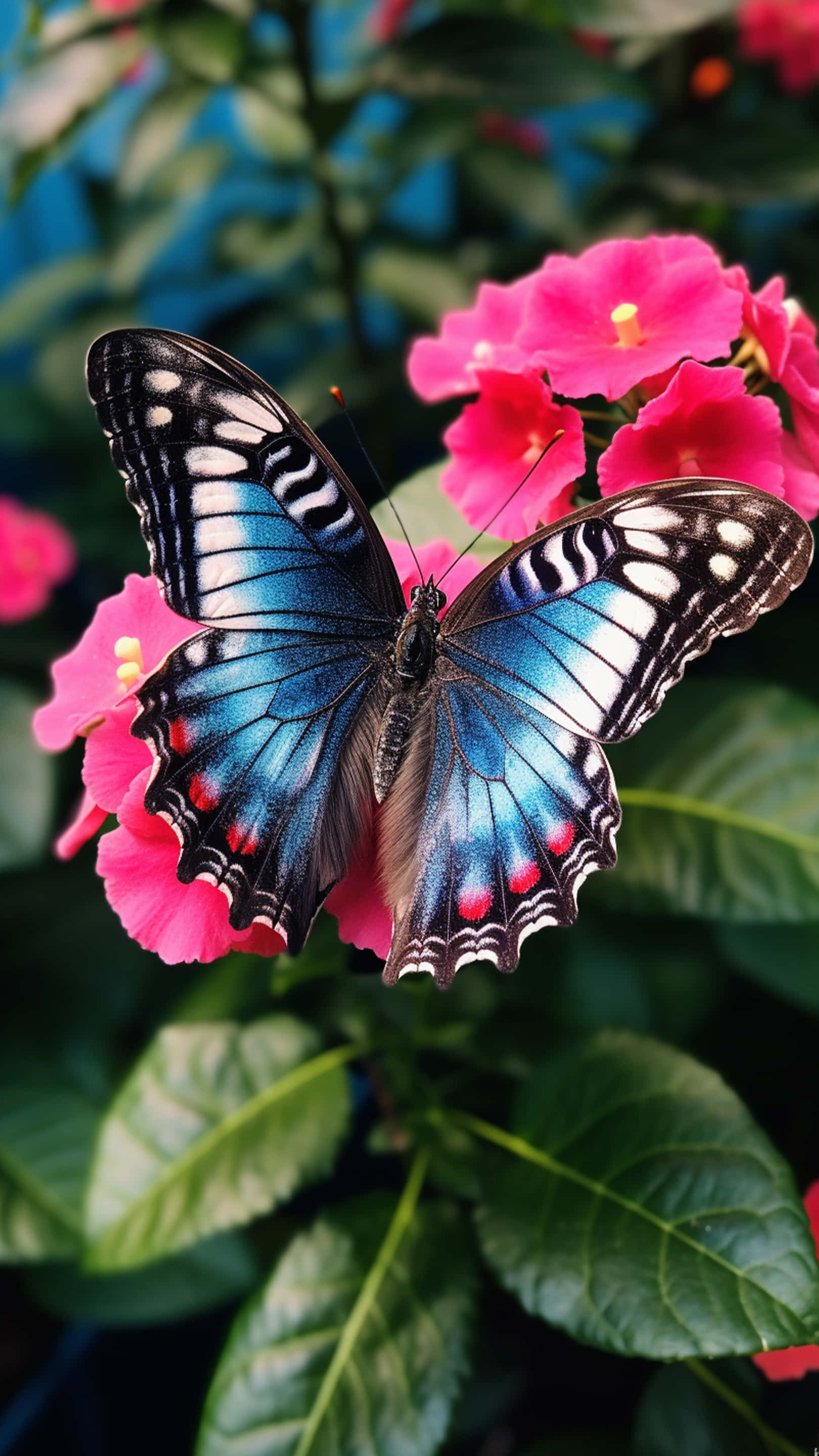 butterfly, flowers, vibrant blue, 2K Phone Wallpaper