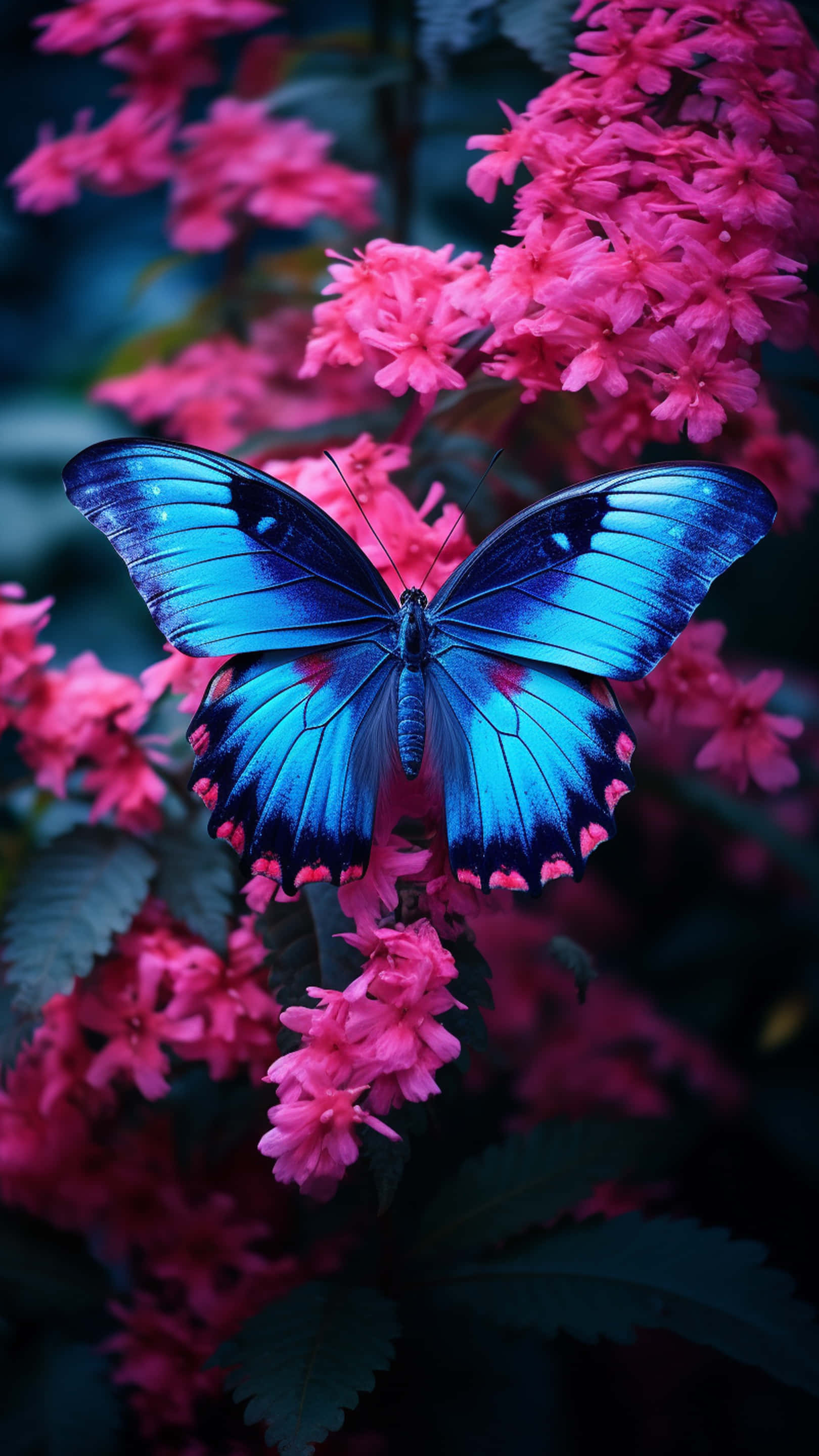 butterfly, flowers, vivid blue, 2K Phone Wallpaper