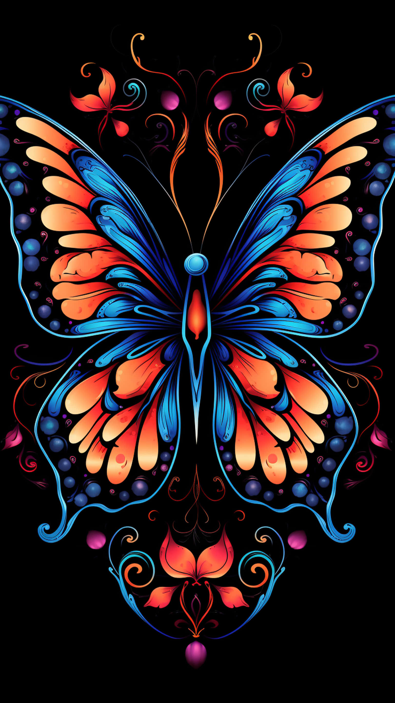 butterfly art desing ai, fiery orange, electric blue, 2K Phone Wallpaper
